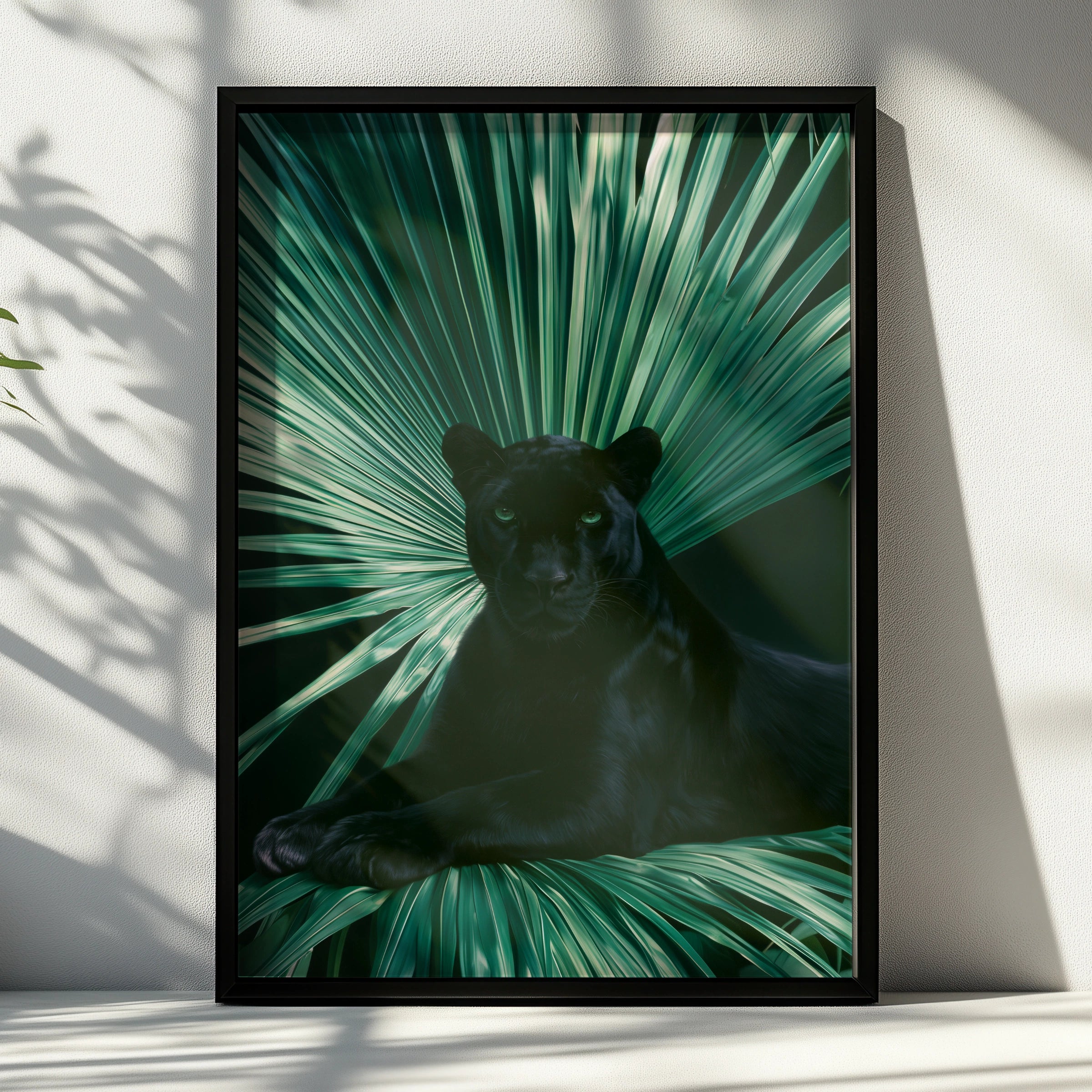 Black Panther Palm Leaf Poster, Tropical Wildlife Wall Art, Dark Jungle Print