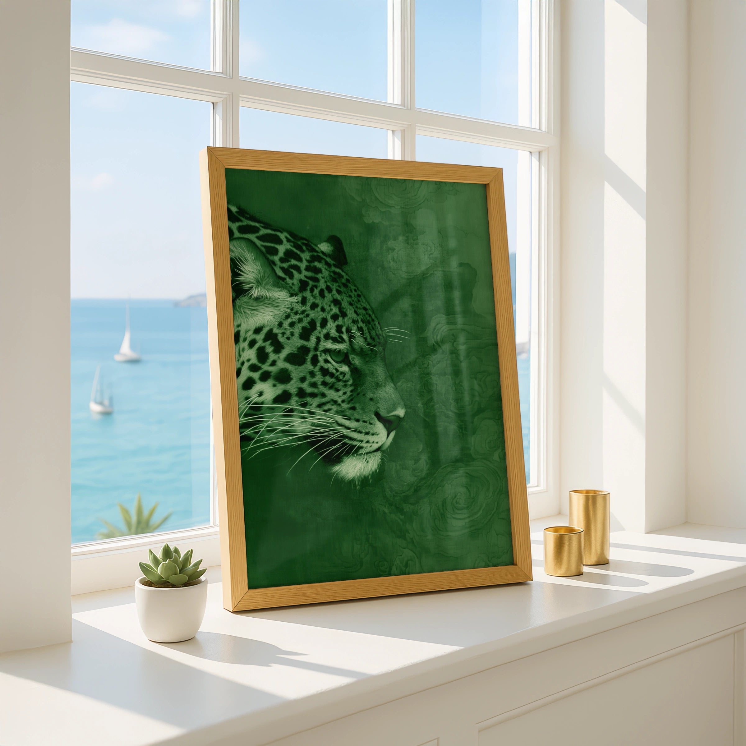 Jaguar Portrait Poster, Green Wild Cat Wall Art, Modern Animal Print