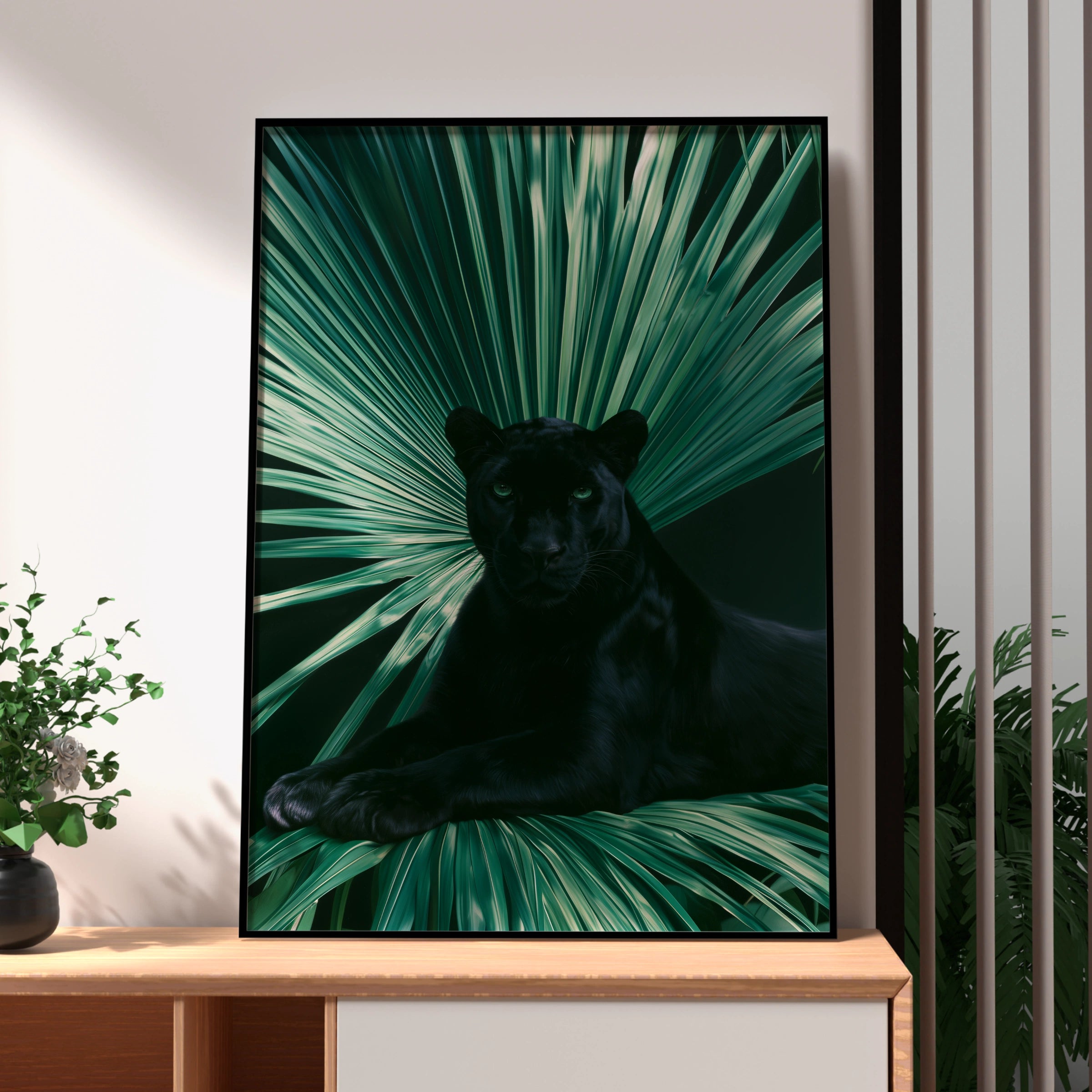 Black Panther Palm Leaf Poster, Tropical Wildlife Wall Art, Dark Jungle Print