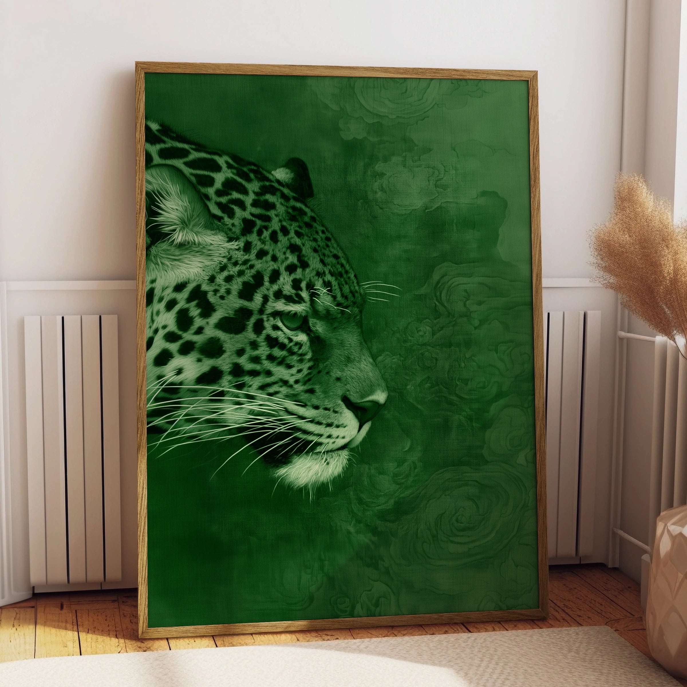 Jaguar Portrait Poster, Green Wild Cat Wall Art, Modern Animal Print