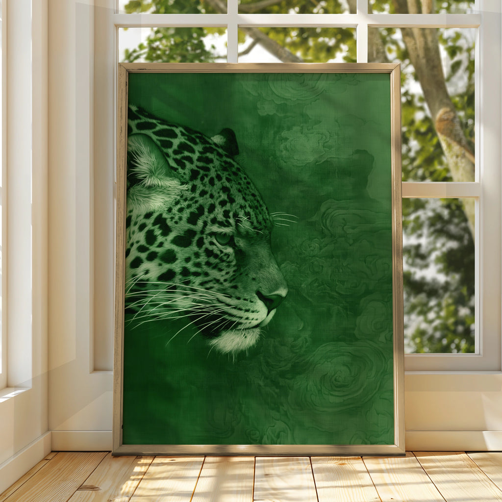 Jaguar Portrait Poster, Green Wild Cat Wall Art, Modern Animal Print
