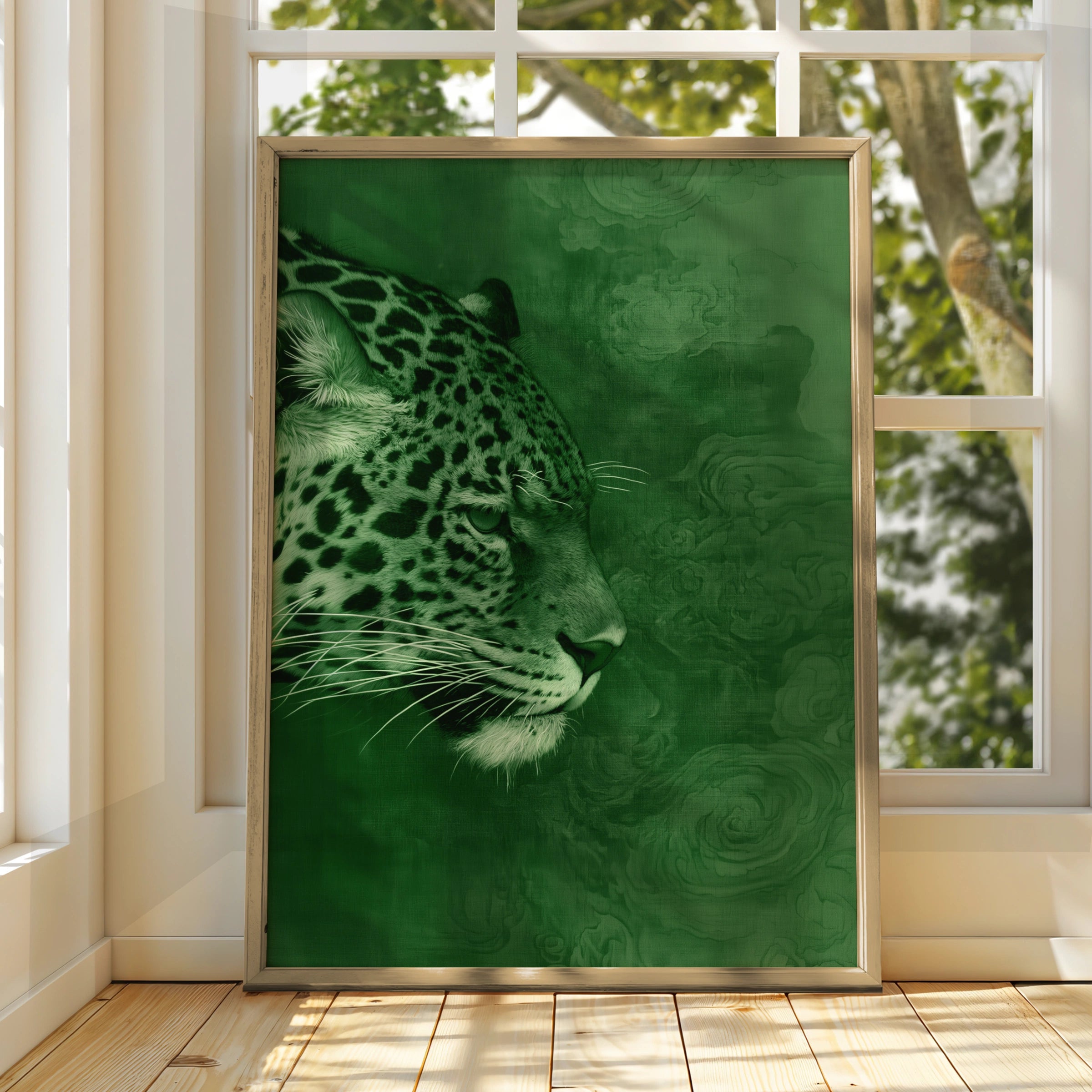 Jaguar Portrait Poster, Green Wild Cat Wall Art, Modern Animal Print