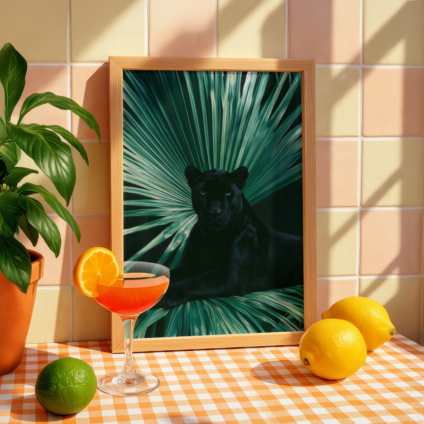 Black Panther Palm Leaf Poster, Tropical Wildlife Wall Art, Dark Jungle Print