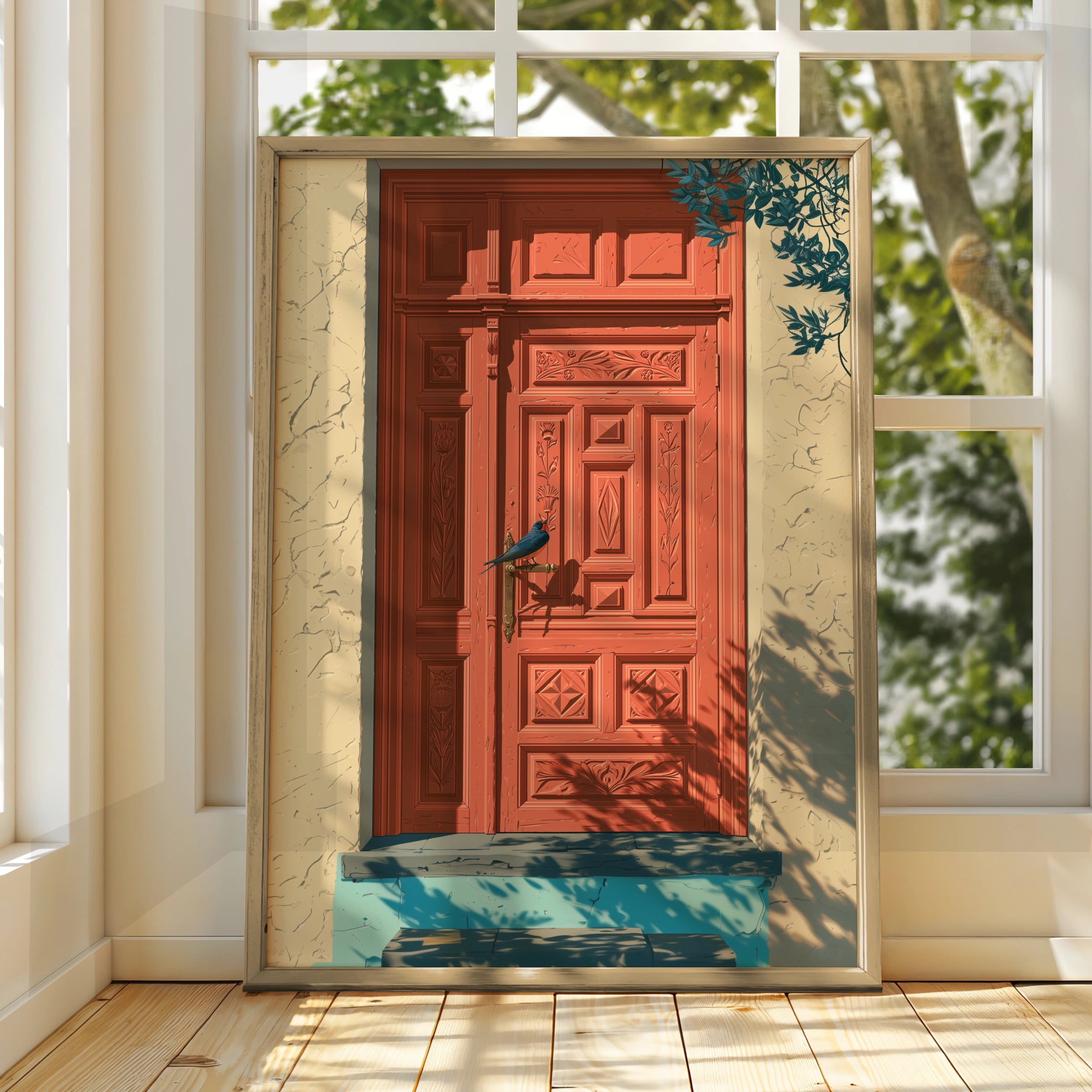 Coral Mediterranean Door with Bird, Wall Art Poster, Illustrated Style