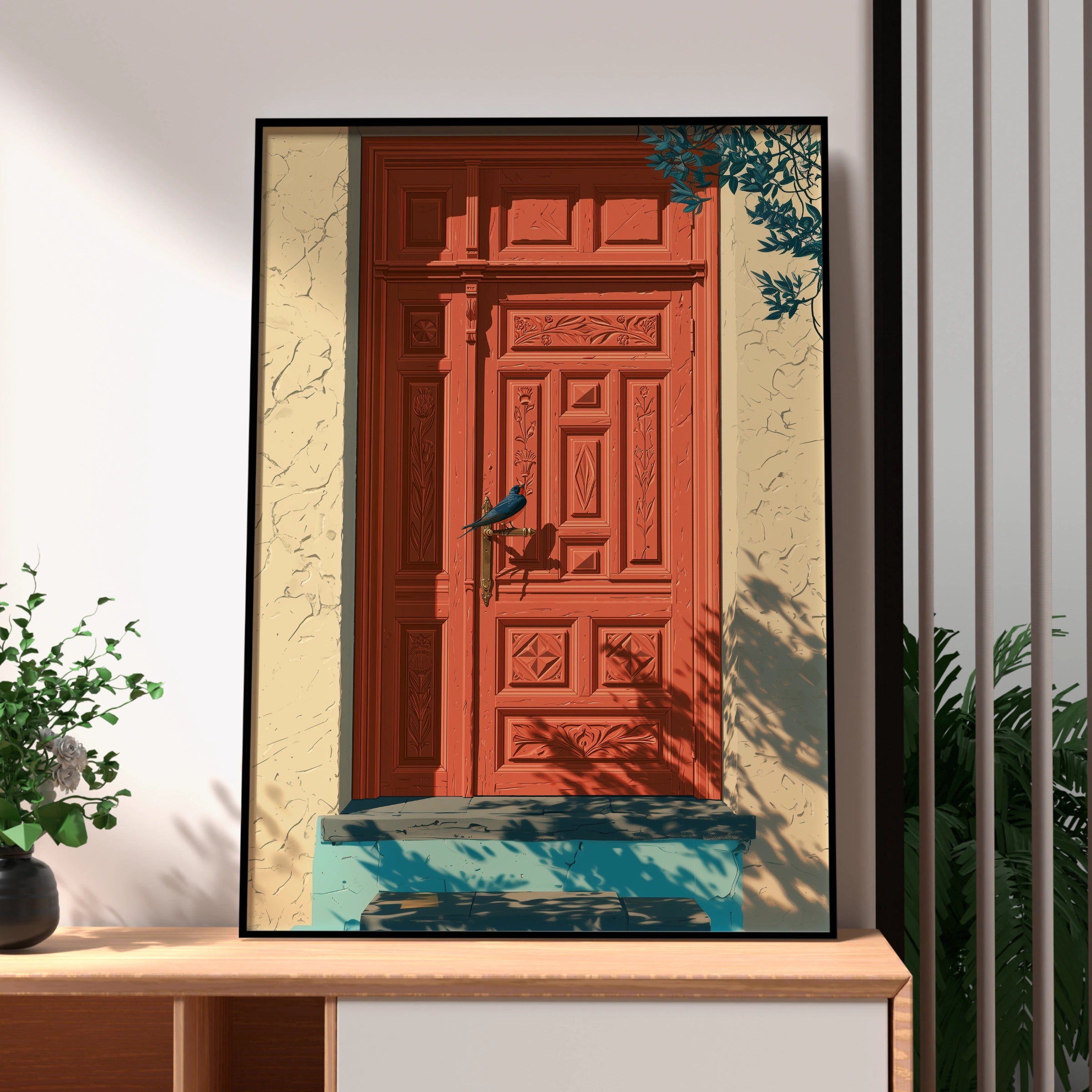 Coral Mediterranean Door with Bird, Wall Art Poster, Illustrated Style