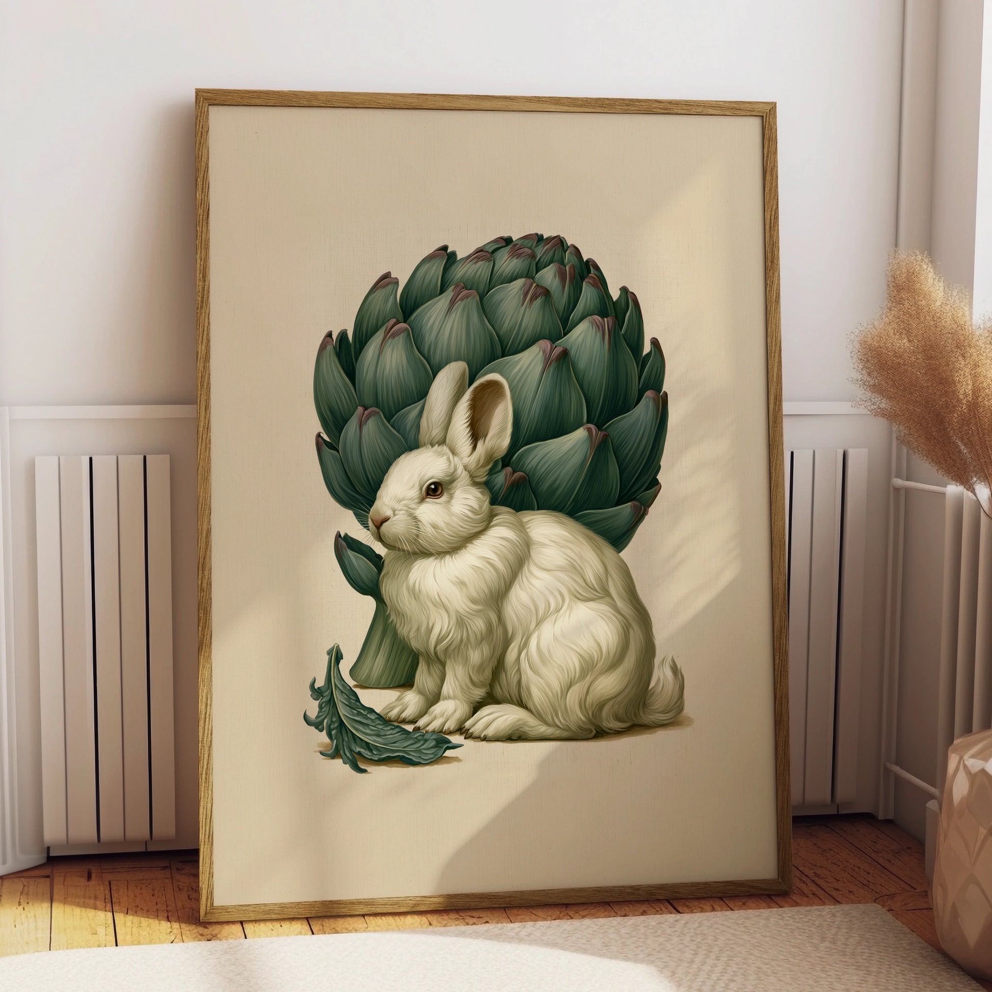 Rabbit & Artichoke Poster, Botanical Bunny Wall Art, Vintage Nature Print