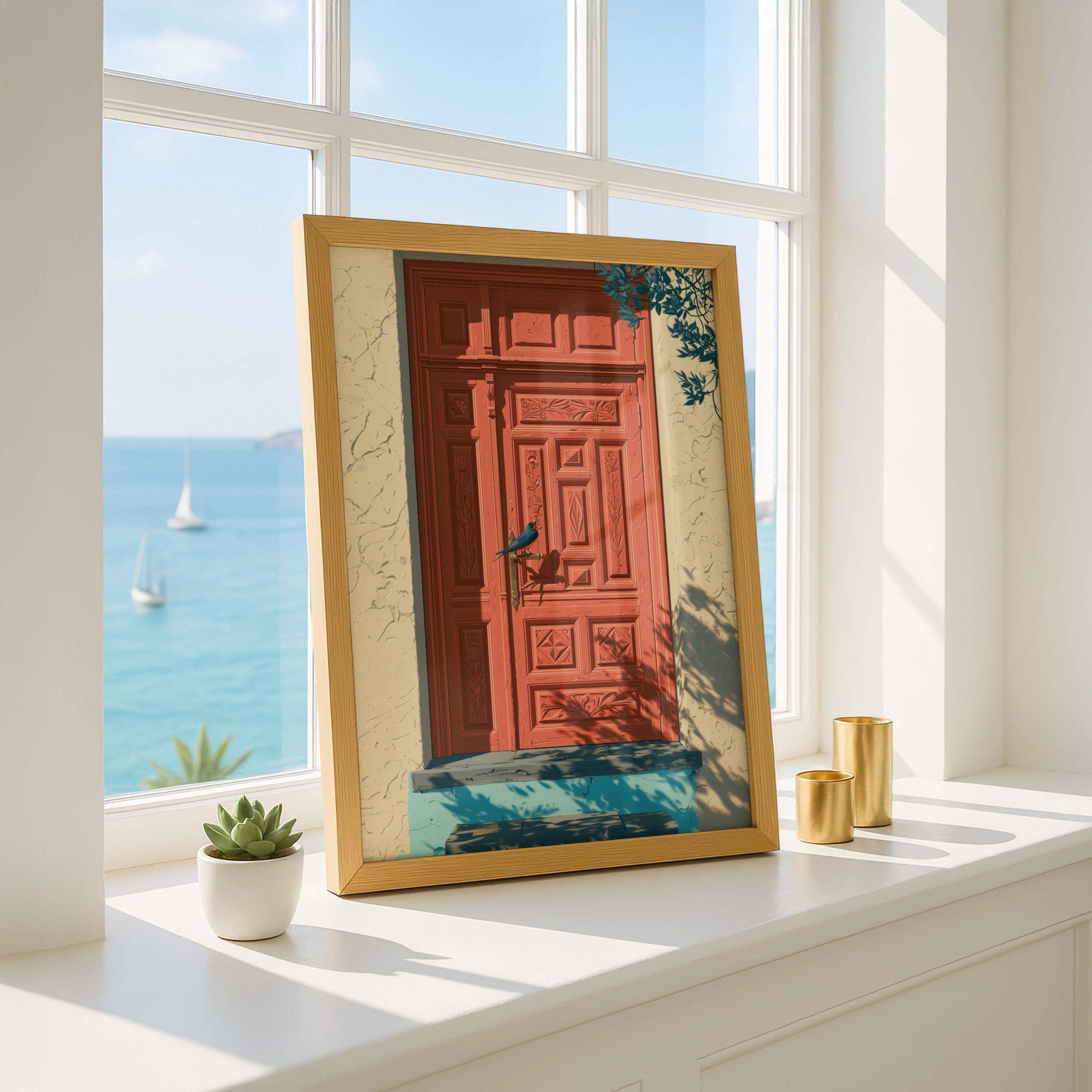 Coral Mediterranean Door with Bird, Wall Art Poster, Illustrated Style