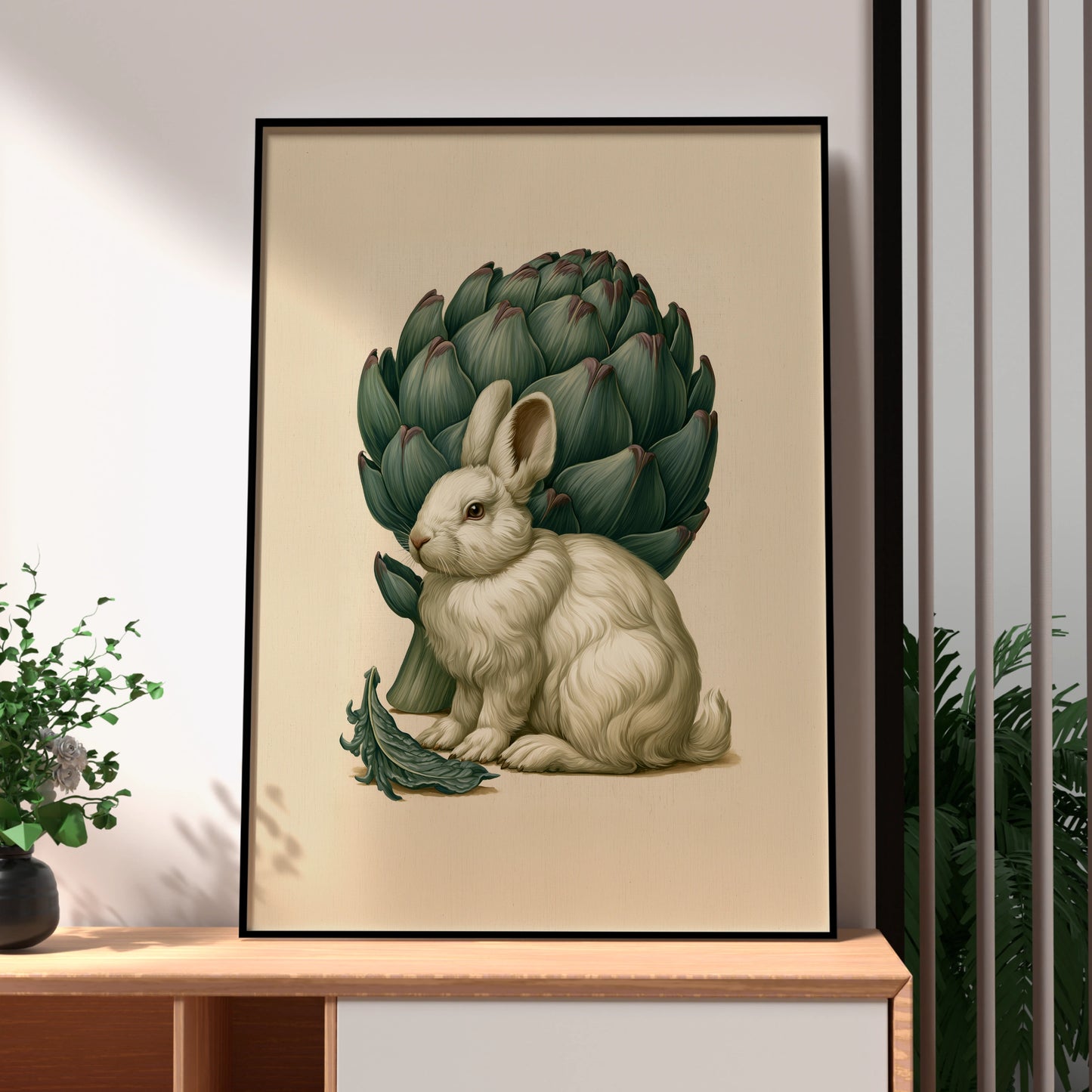 Rabbit & Artichoke Poster, Botanical Bunny Wall Art, Vintage Nature Print