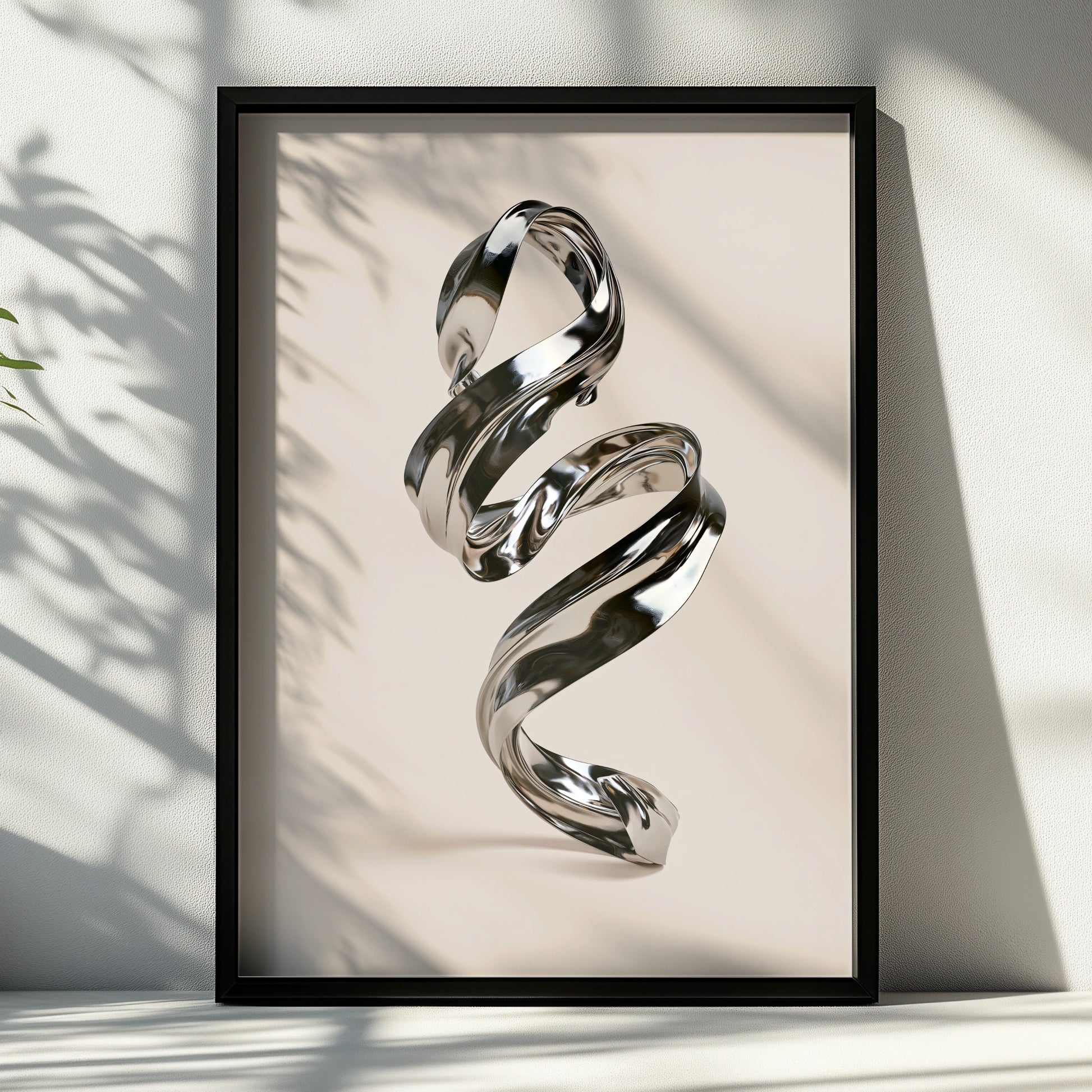 Chrome Spiral Abstract Poster, Metallic 3D Sculpture Art Print, Modern Minimal