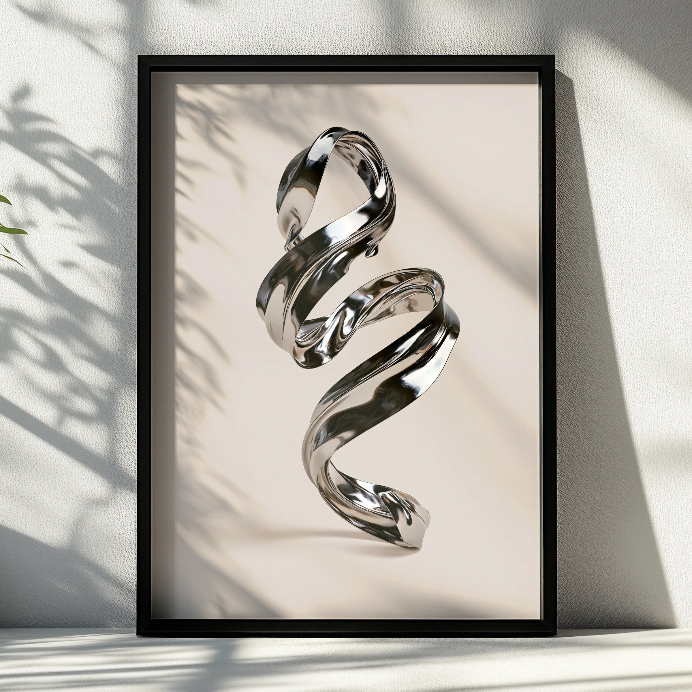 Chrome Spiral Abstract Poster, Metallic 3D Sculpture Art Print, Modern Minimal