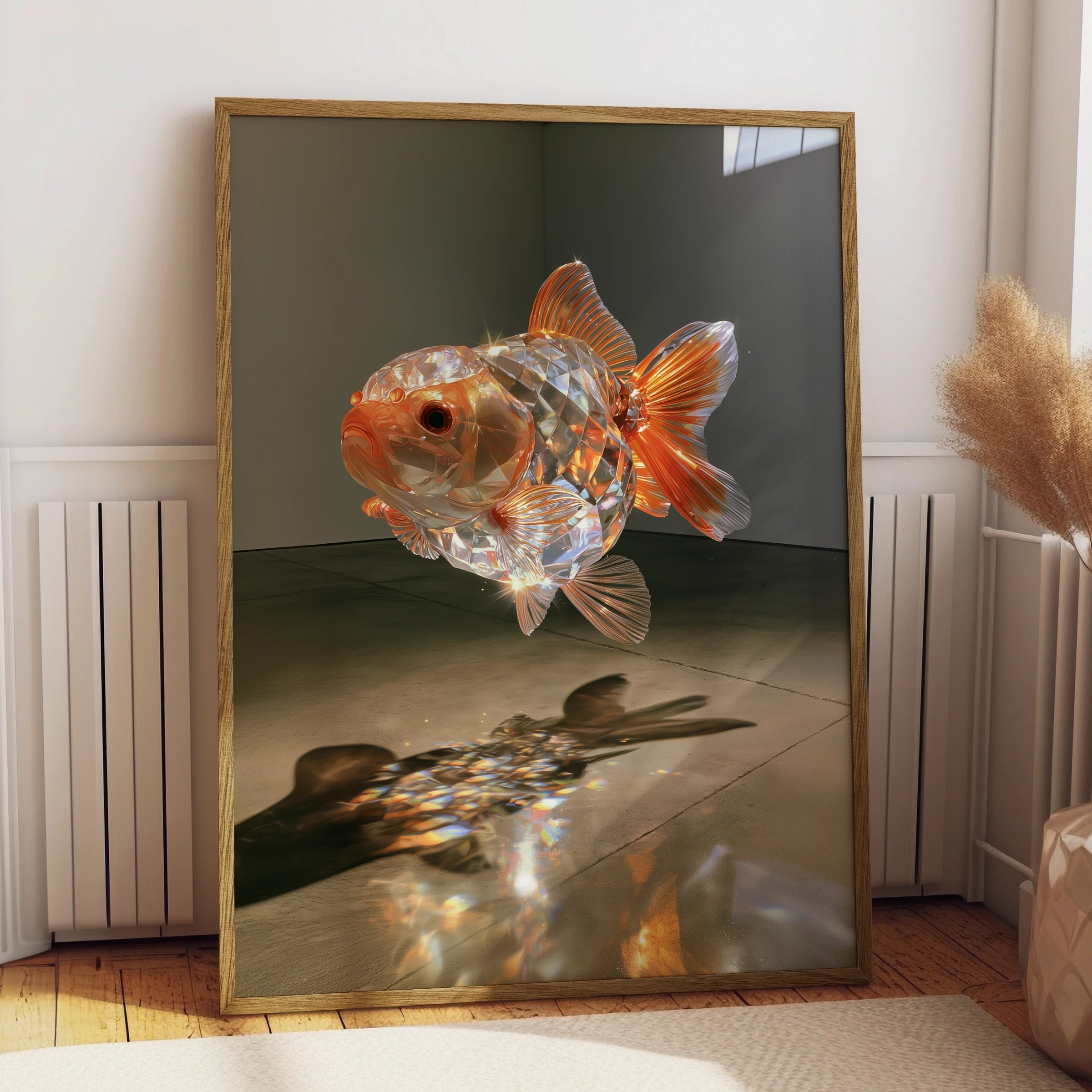 Crystal Goldfish Poster, Glass Sculpture Art Print, Orange Iridescent Wall Art