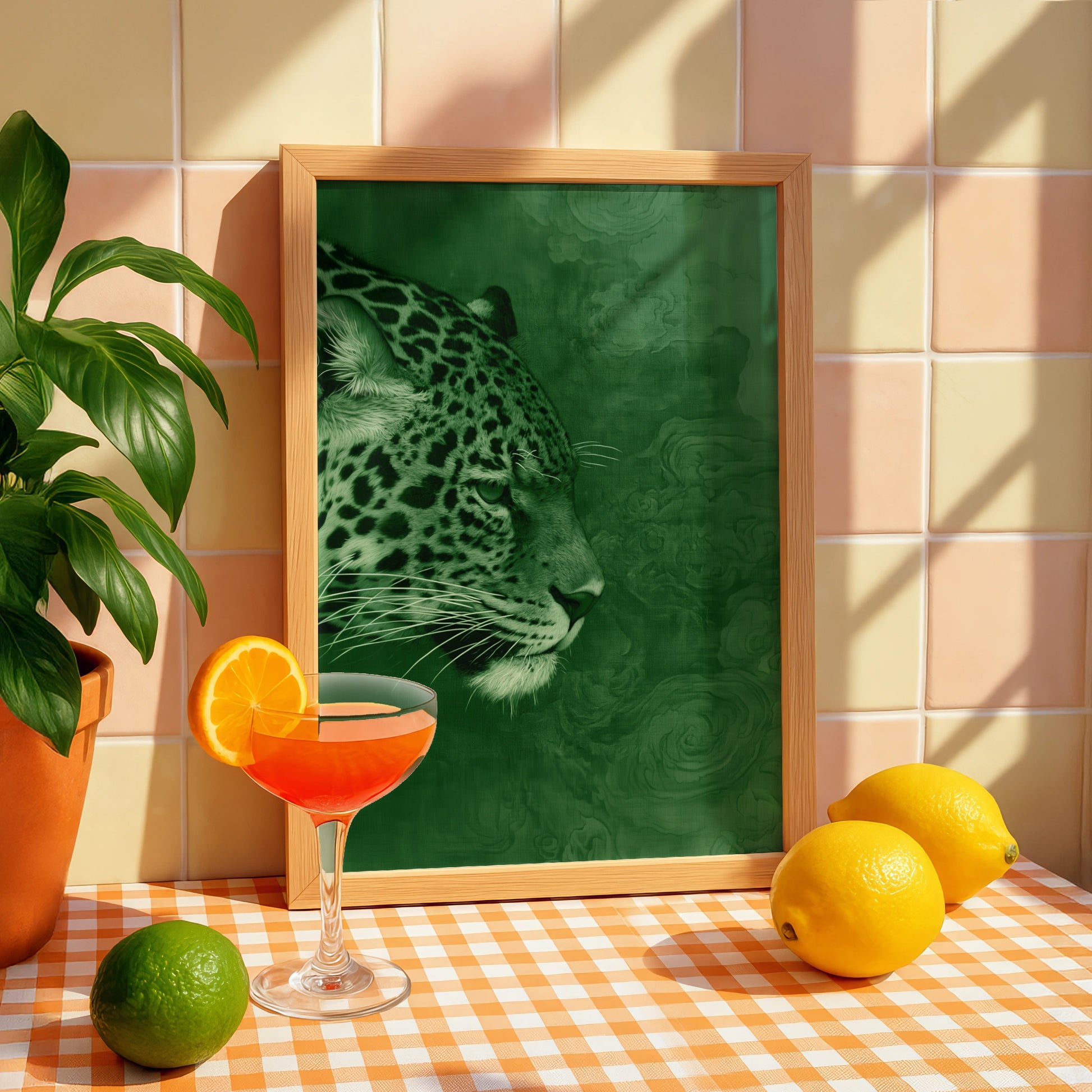 Jaguar Portrait Poster, Green Wild Cat Wall Art, Modern Animal Print