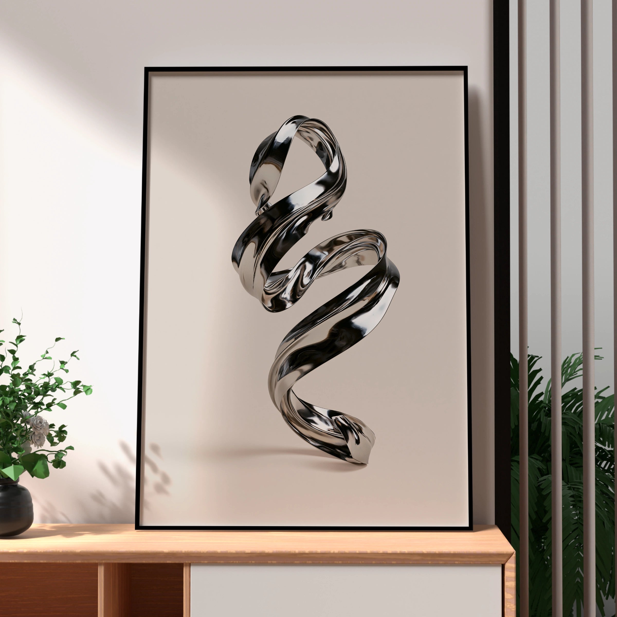 Chrome Spiral Abstract Poster, Metallic 3D Sculpture Art Print, Modern Minimal