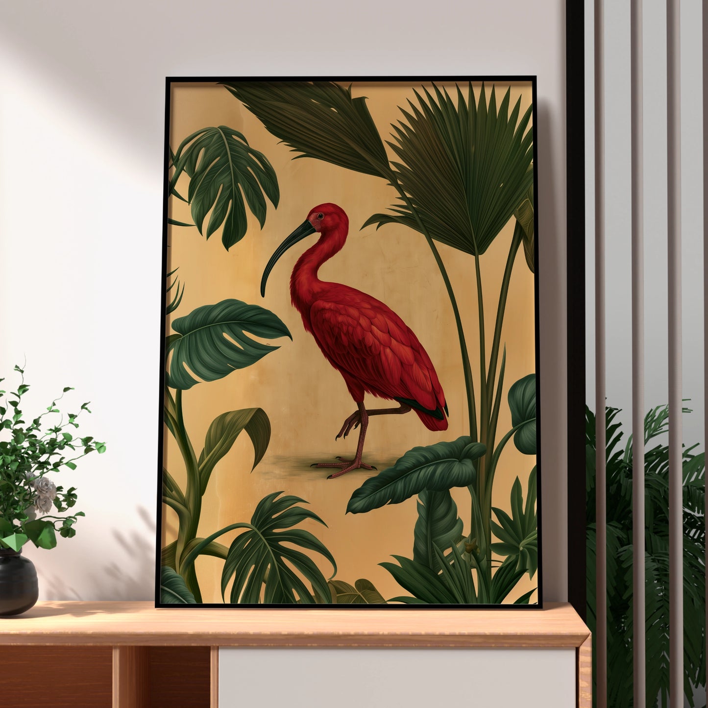 Scarlet Ibis Tropical Palm Poster, Botanical Bird Wall Art Print