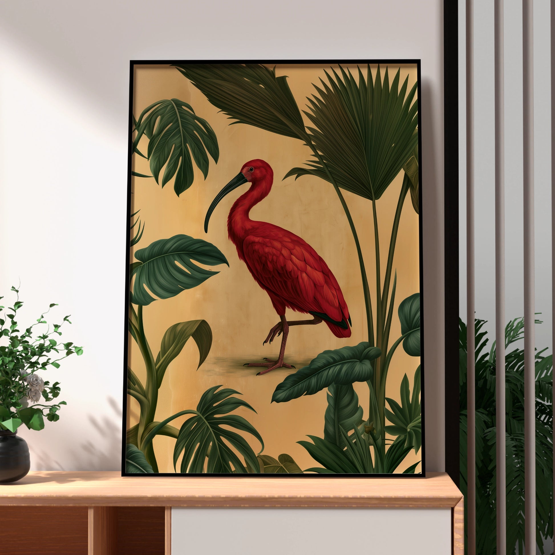 Scarlet Ibis Tropical Palm Poster, Botanical Bird Wall Art Print