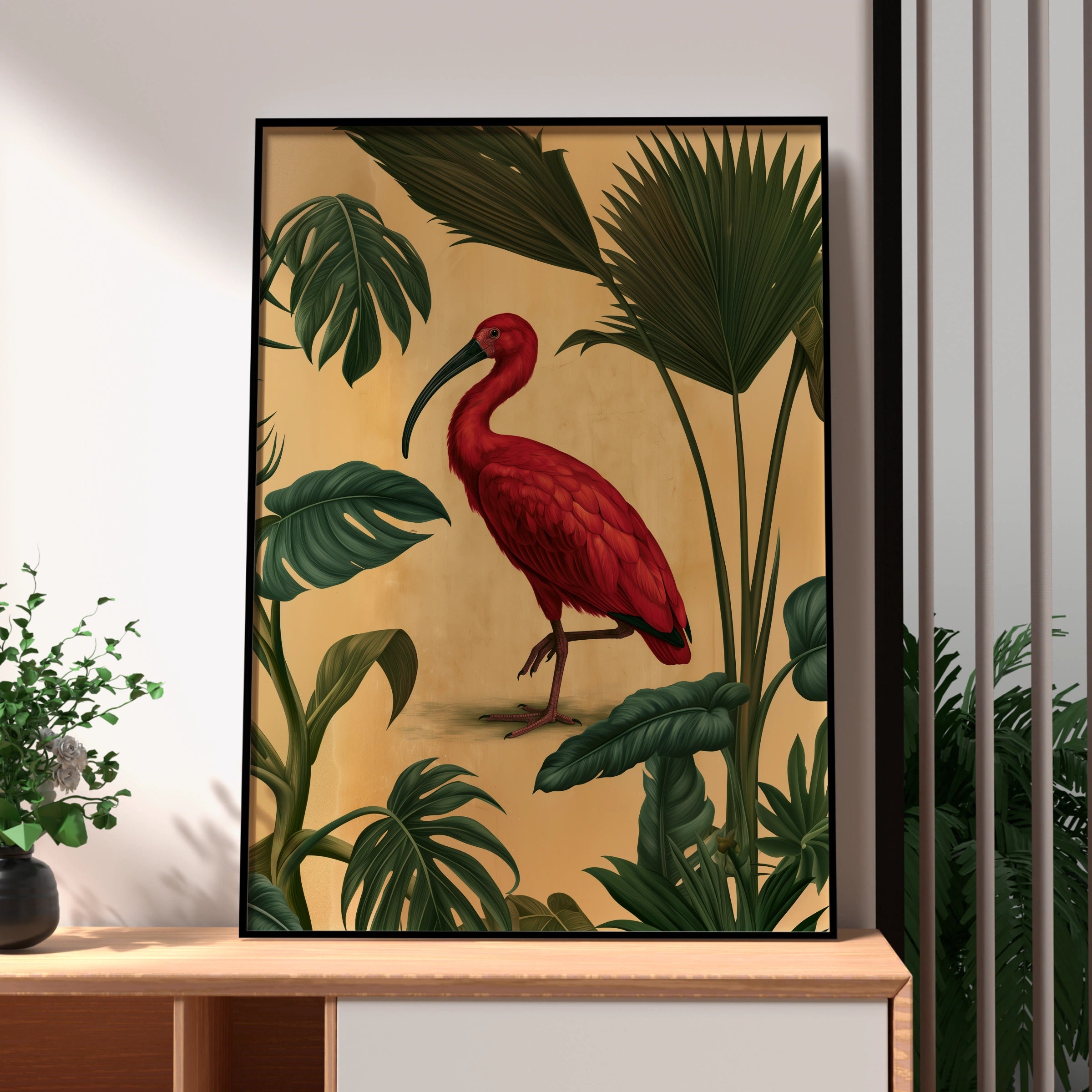 Scarlet Ibis Tropical Palm Poster, Botanical Bird Wall Art Print