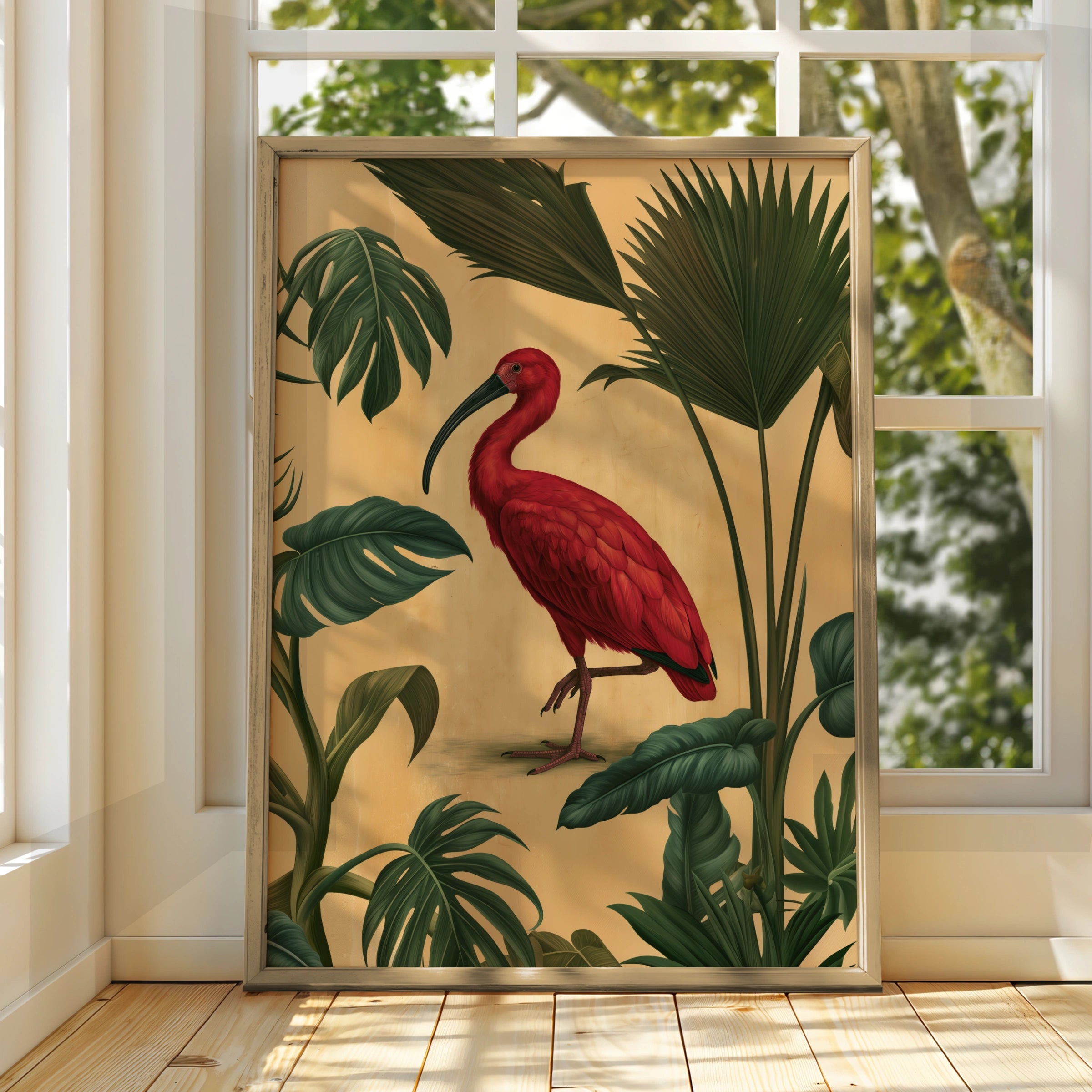 Scarlet Ibis Tropical Palm Poster, Botanical Bird Wall Art Print