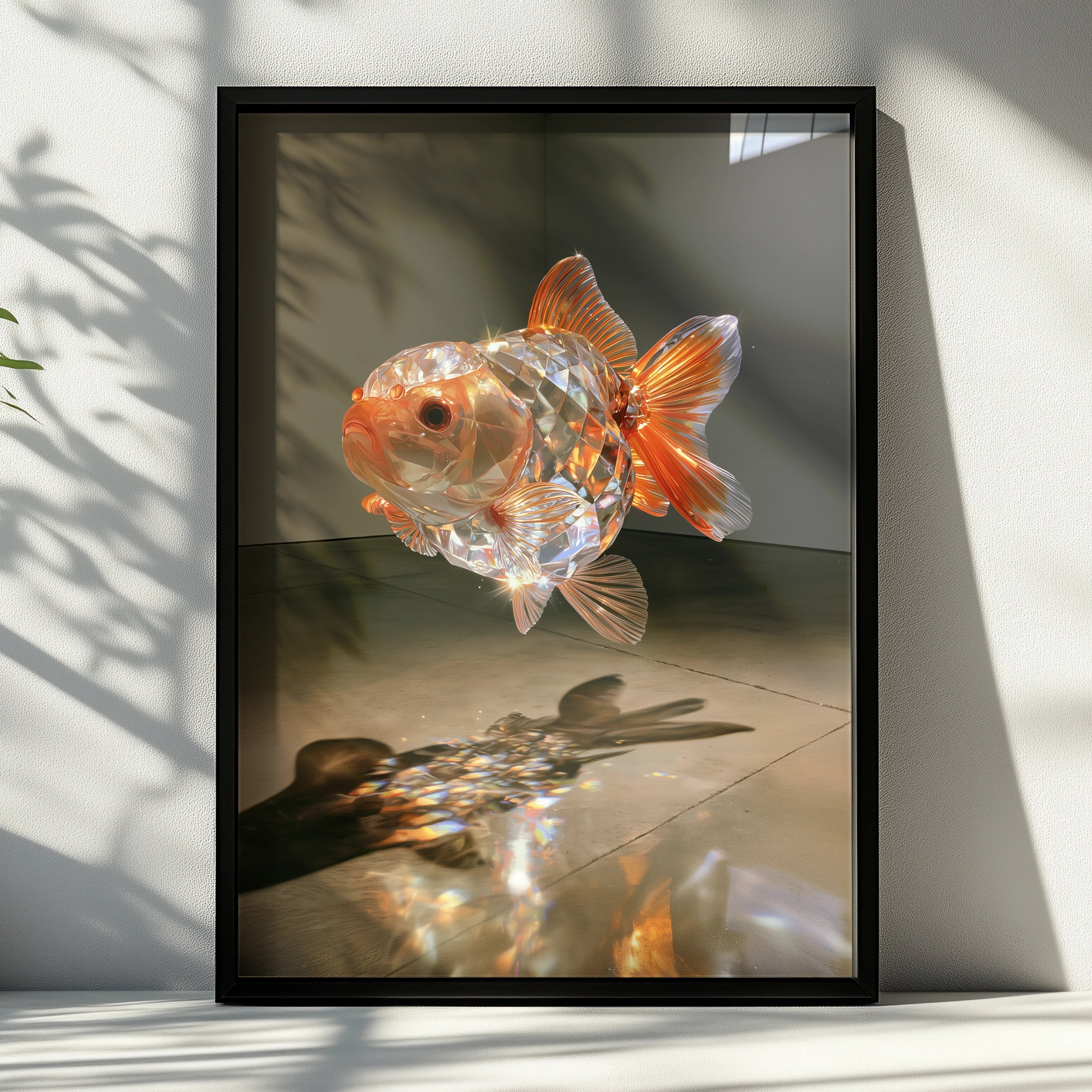 Crystal Goldfish Poster, Glass Sculpture Art Print, Orange Iridescent Wall Art