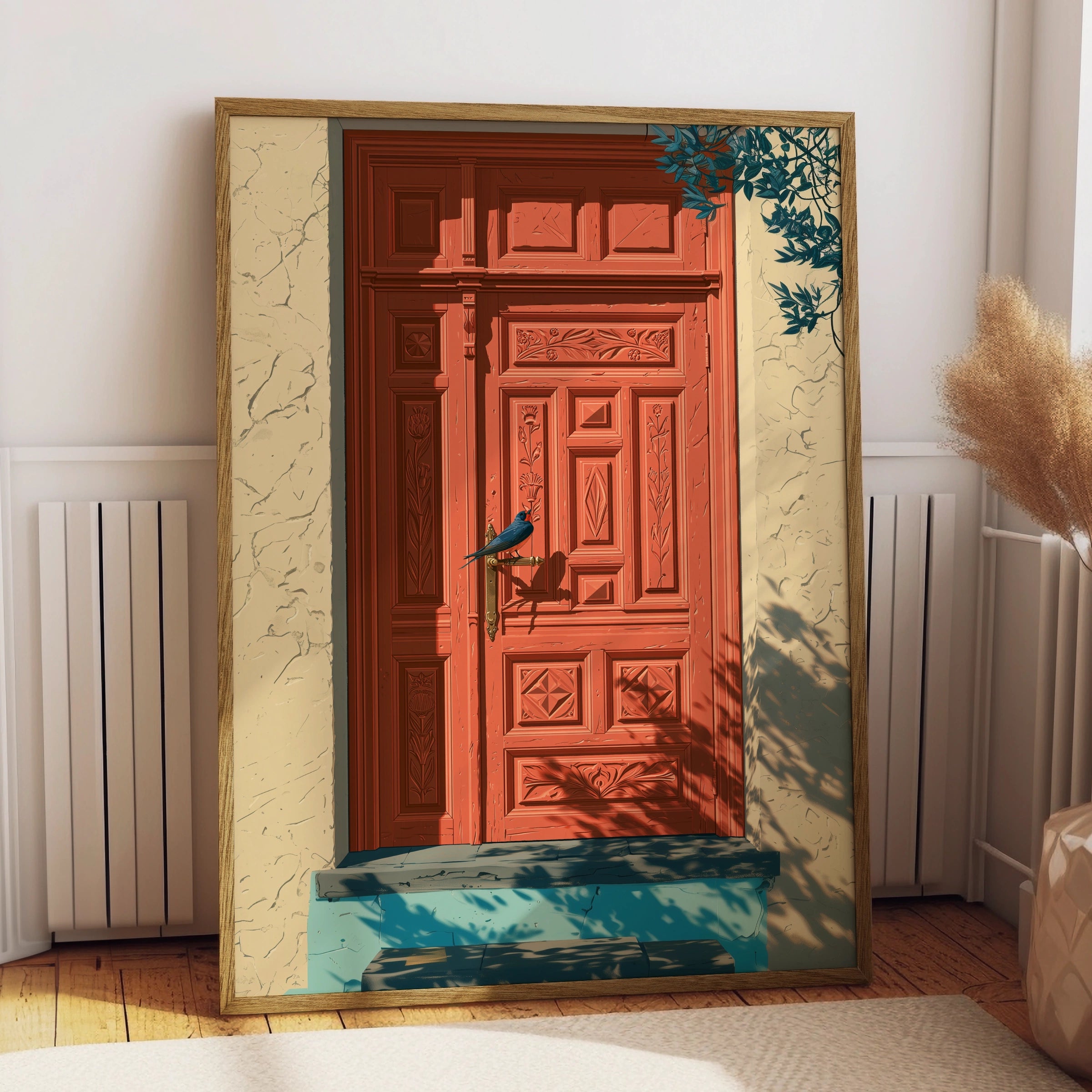 Coral Mediterranean Door with Bird, Wall Art Poster, Illustrated Style