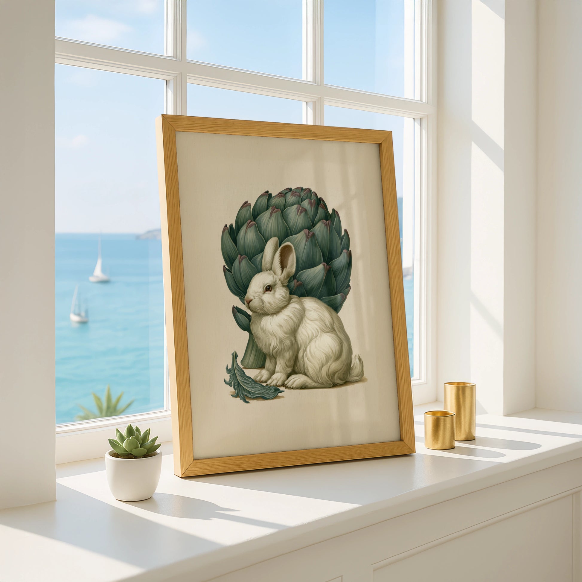 Rabbit & Artichoke Poster, Botanical Bunny Wall Art, Vintage Nature Print