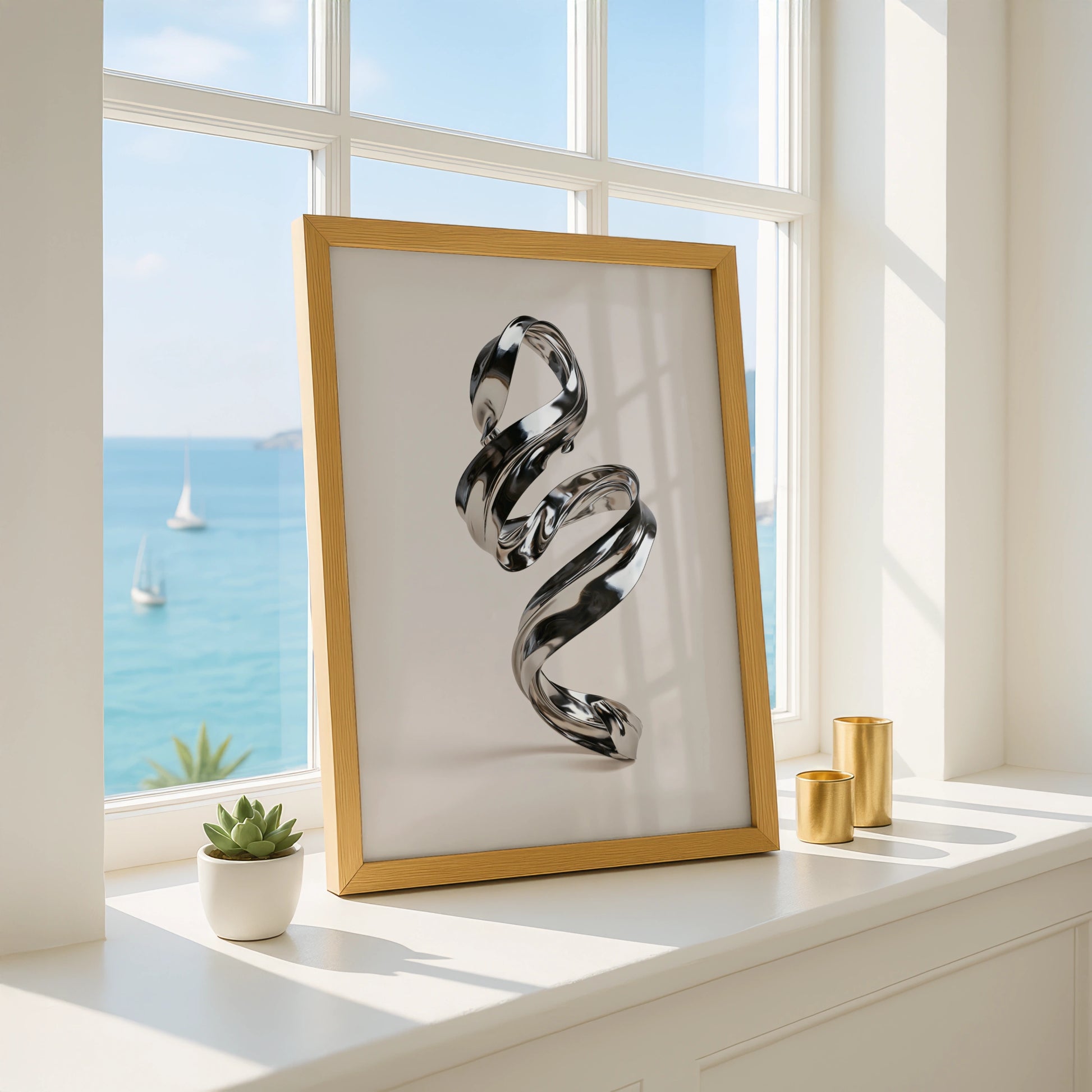 Chrome Spiral Abstract Poster, Metallic 3D Sculpture Art Print, Modern Minimal