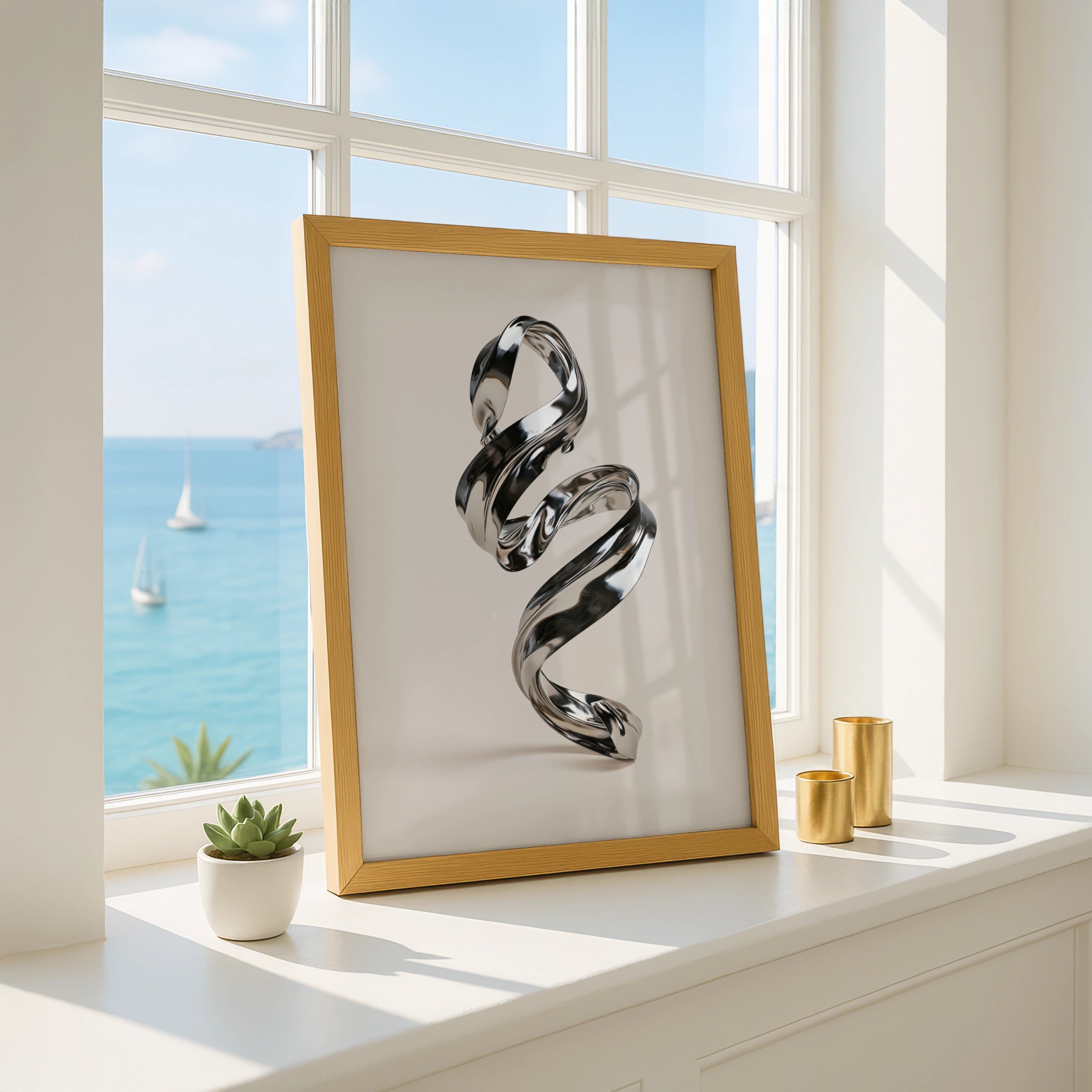 Chrome Spiral Abstract Poster, Metallic 3D Sculpture Art Print, Modern Minimal