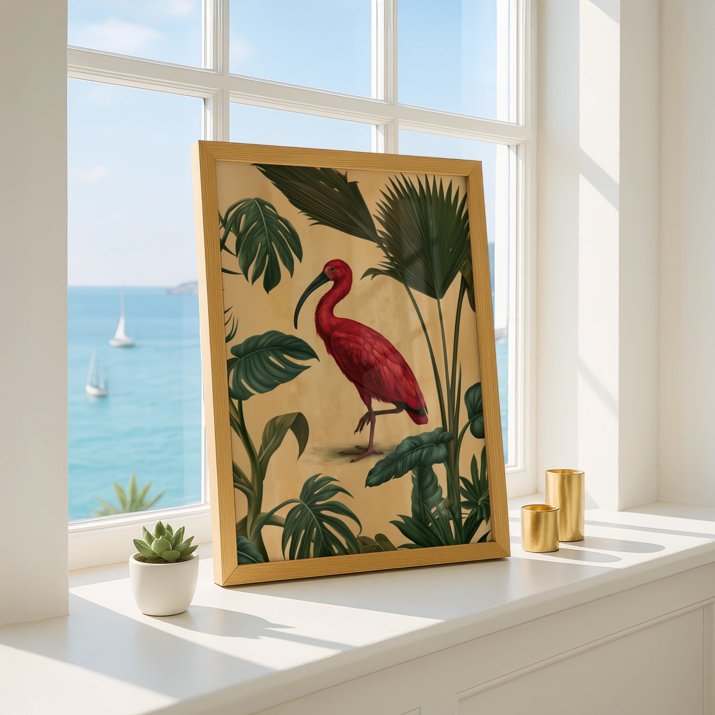 Scarlet Ibis Tropical Palm Poster, Botanical Bird Wall Art Print