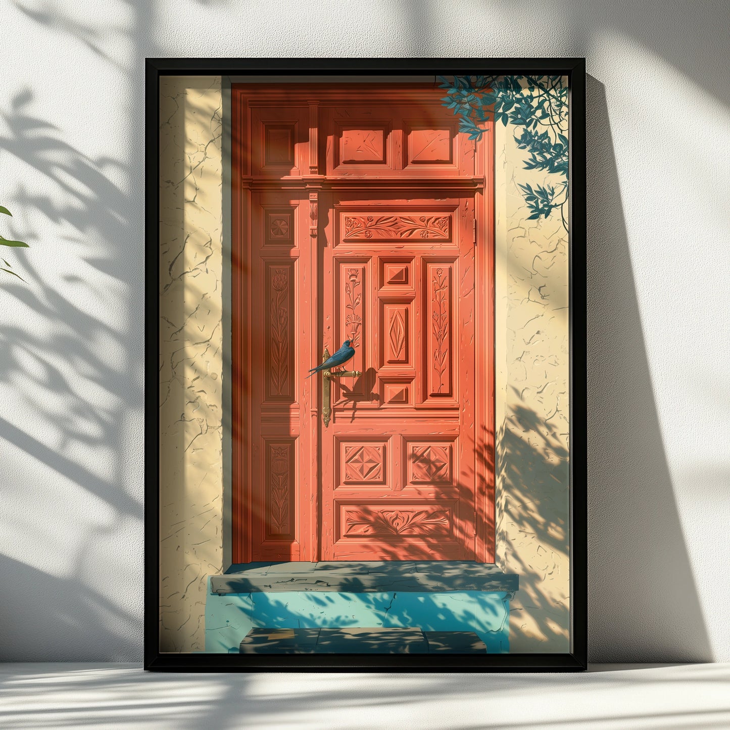Coral Mediterranean Door with Bird, Wall Art Poster, Illustrated Style