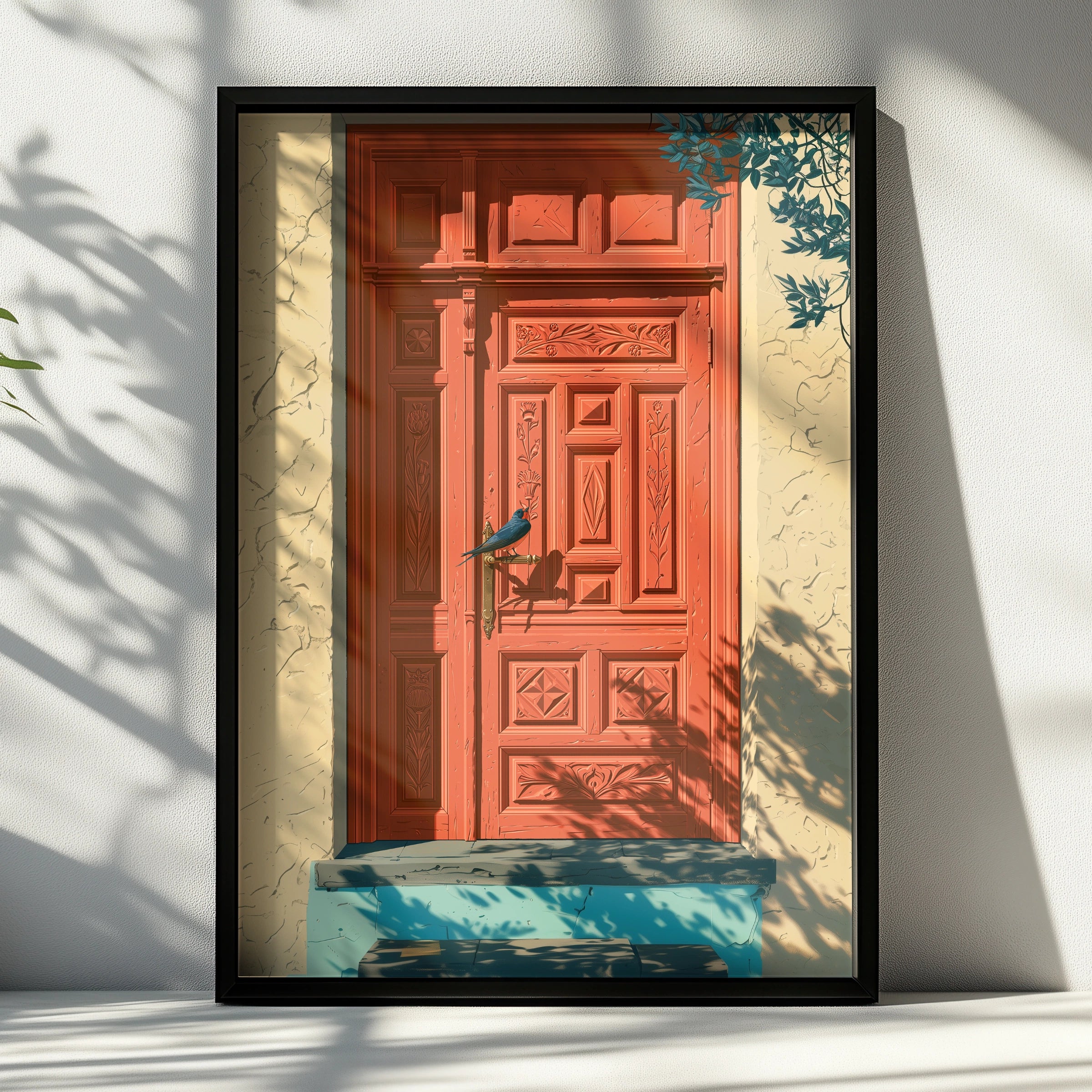 Coral Mediterranean Door with Bird, Wall Art Poster, Illustrated Style