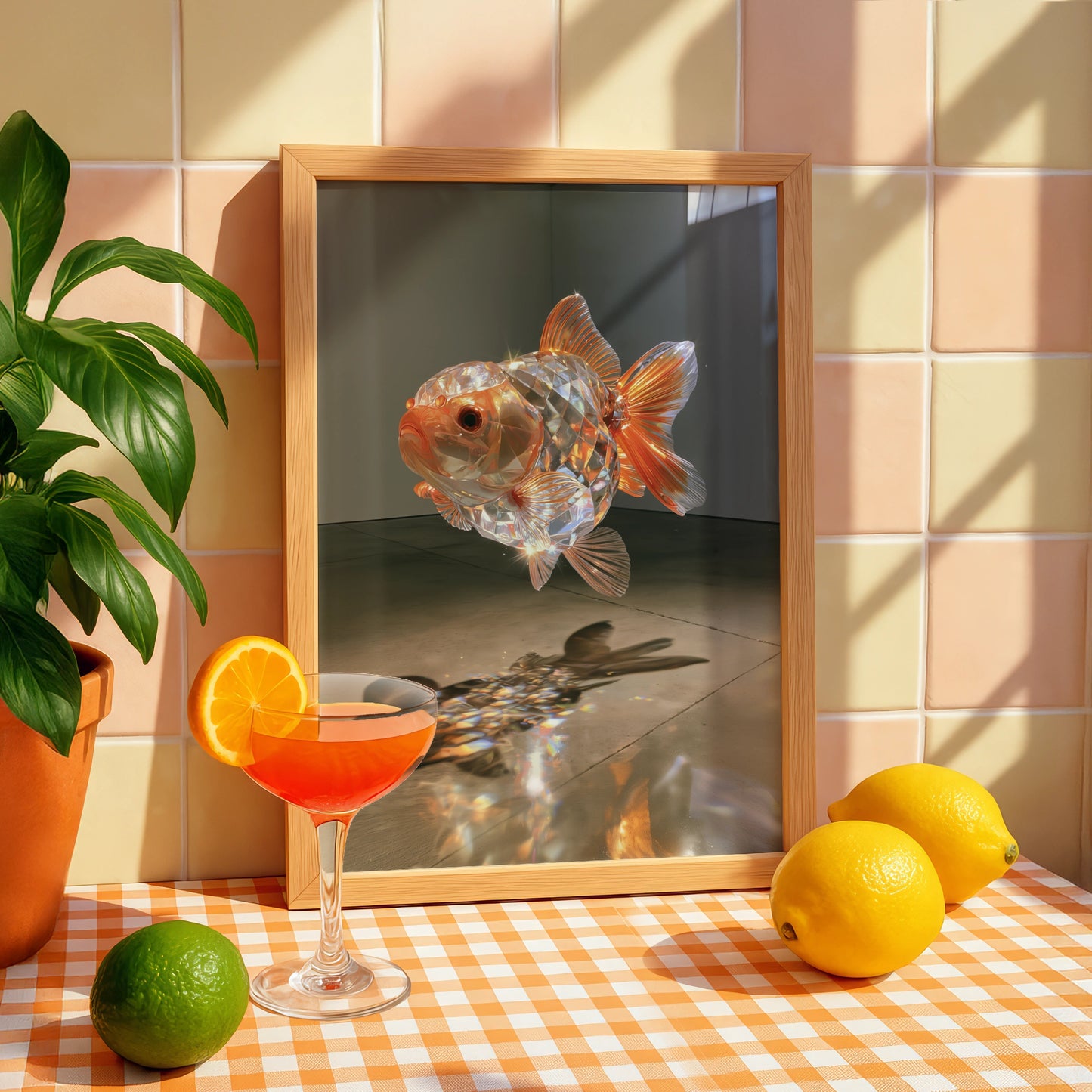 Crystal Goldfish Poster, Glass Sculpture Art Print, Orange Iridescent Wall Art
