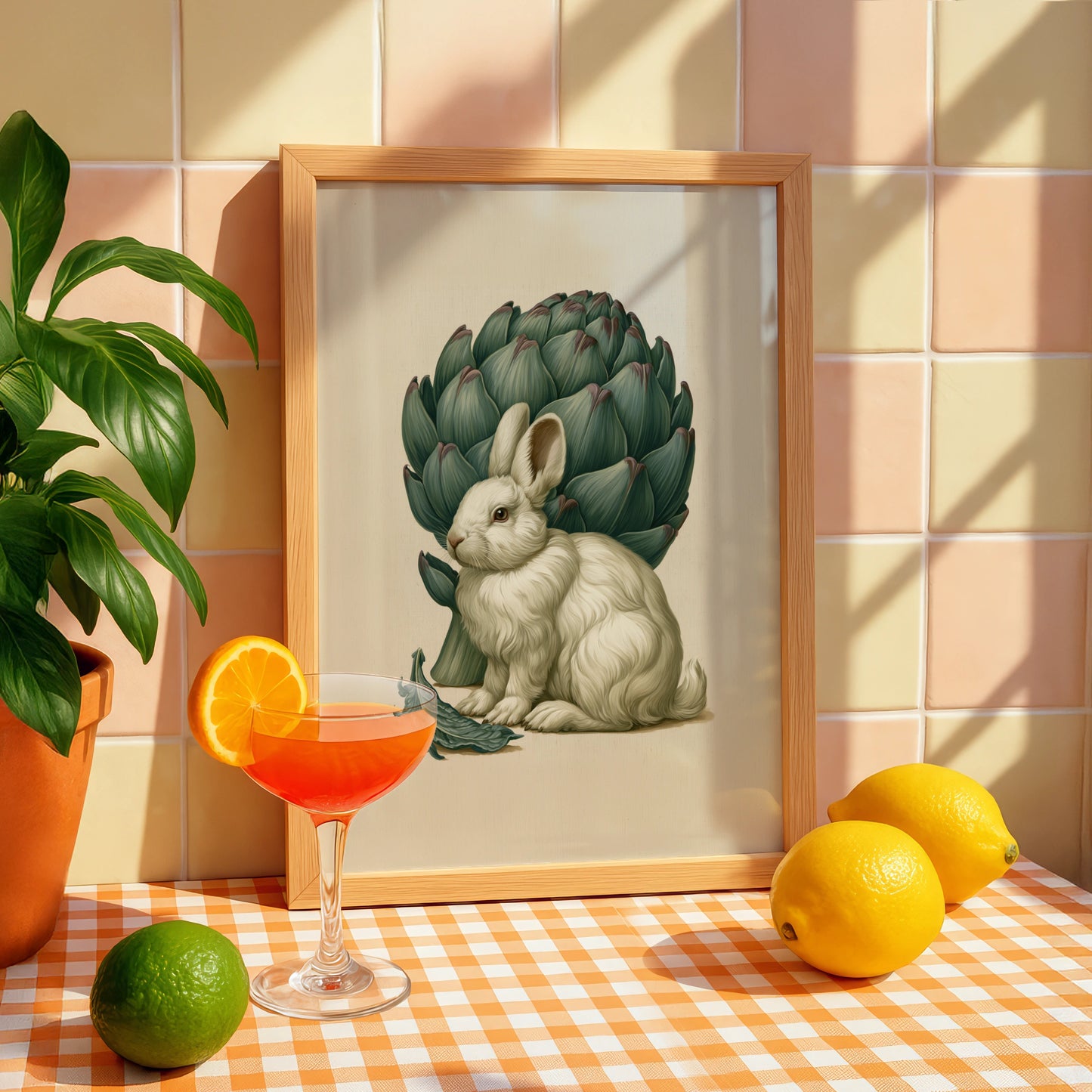 Rabbit & Artichoke Poster, Botanical Bunny Wall Art, Vintage Nature Print