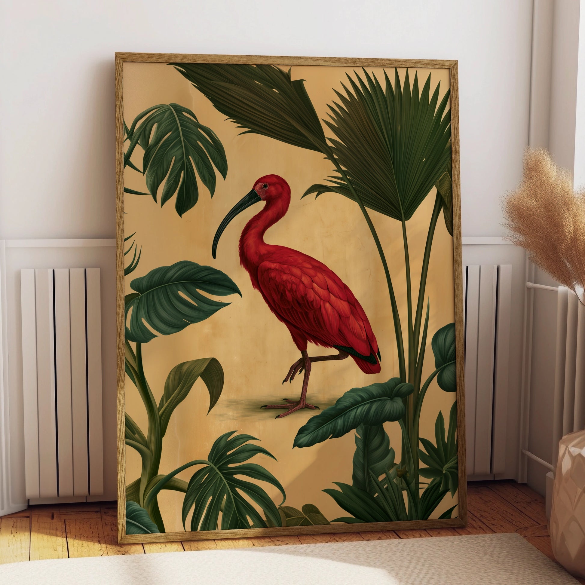 Scarlet Ibis Tropical Palm Poster, Botanical Bird Wall Art Print