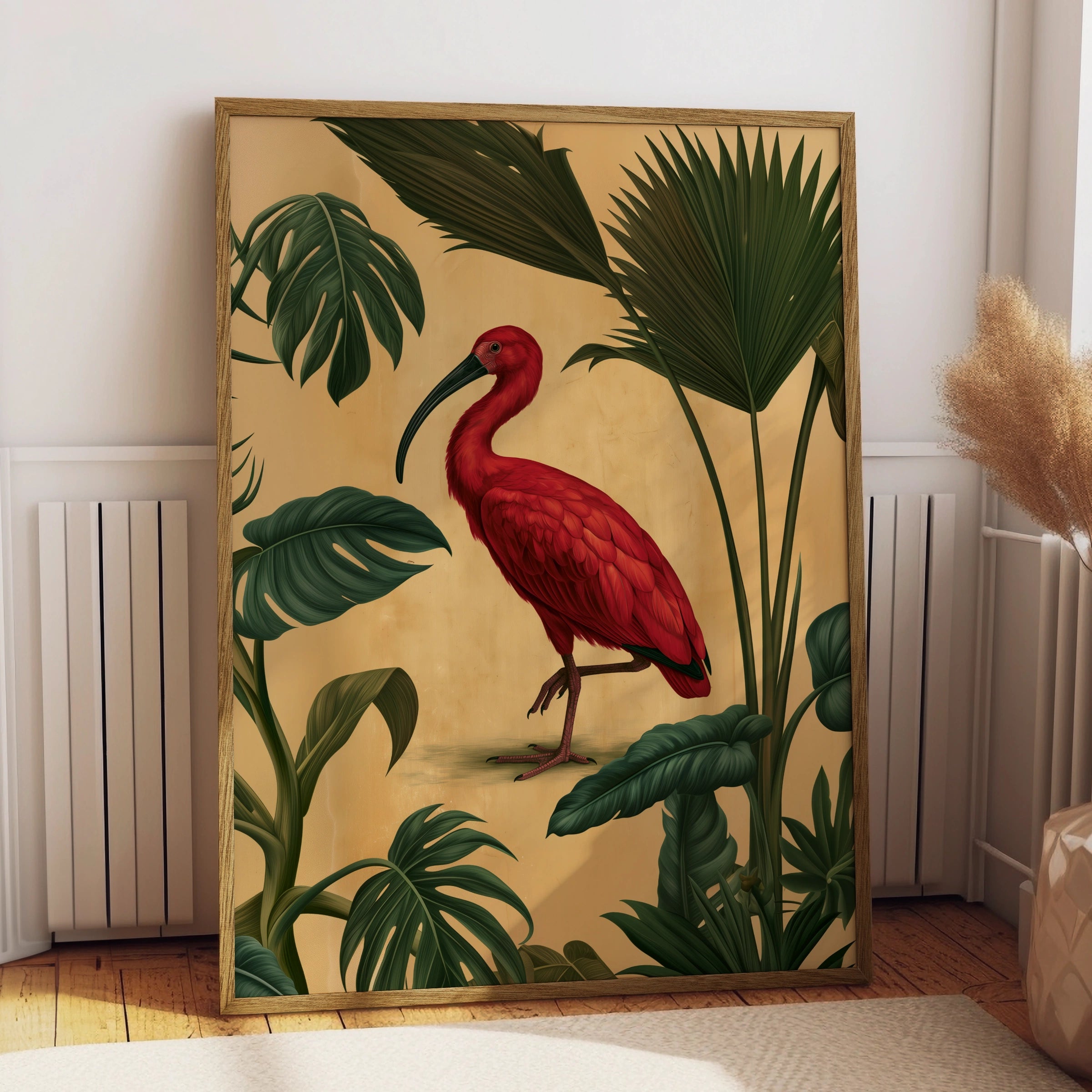 Scarlet Ibis Tropical Palm Poster, Botanical Bird Wall Art Print