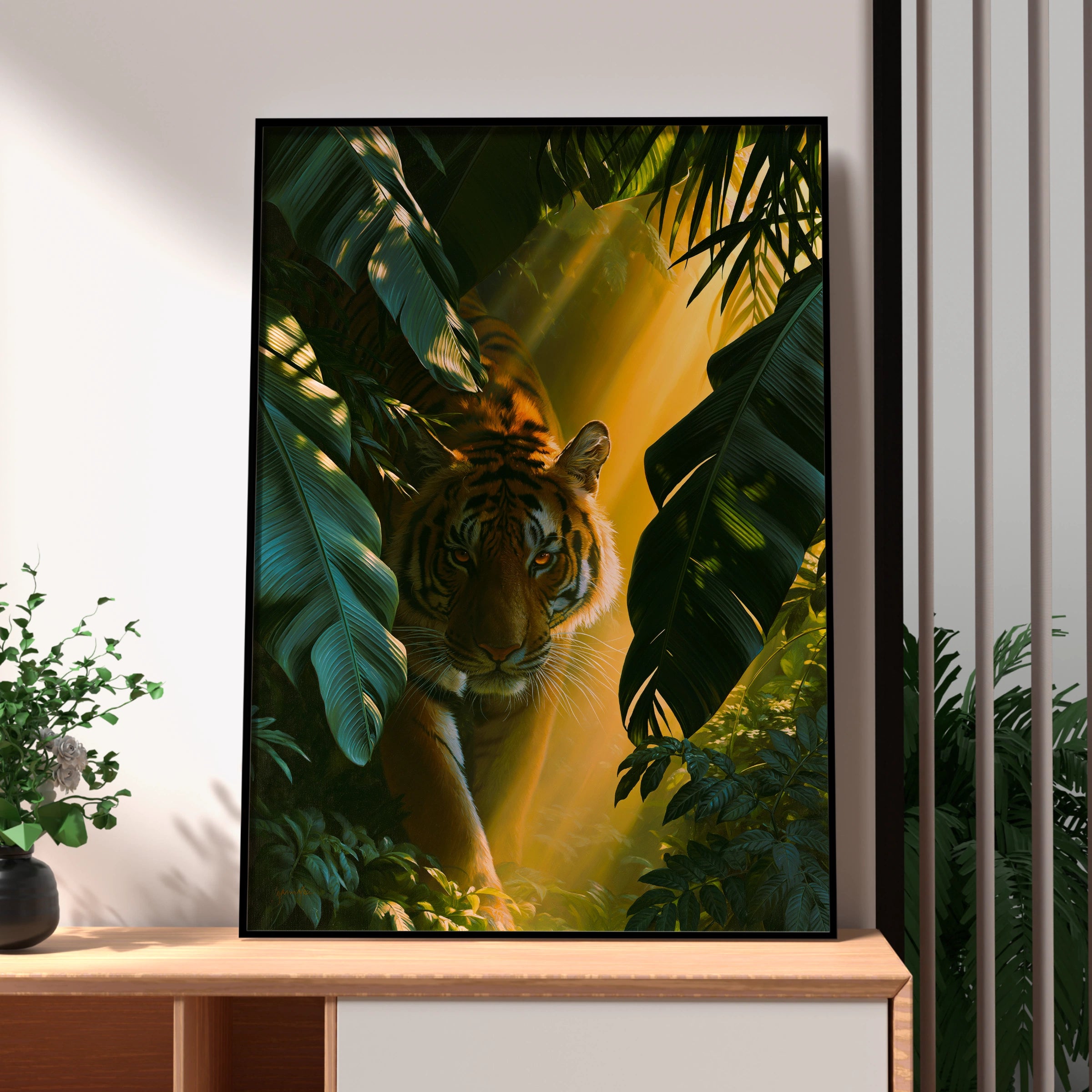 Bengal Tiger Jungle Sunlight Poster, Wildlife Wall Art, Tropical Print