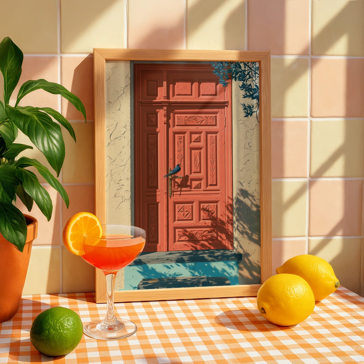 Coral Mediterranean Door with Bird, Wall Art Poster, Illustrated Style