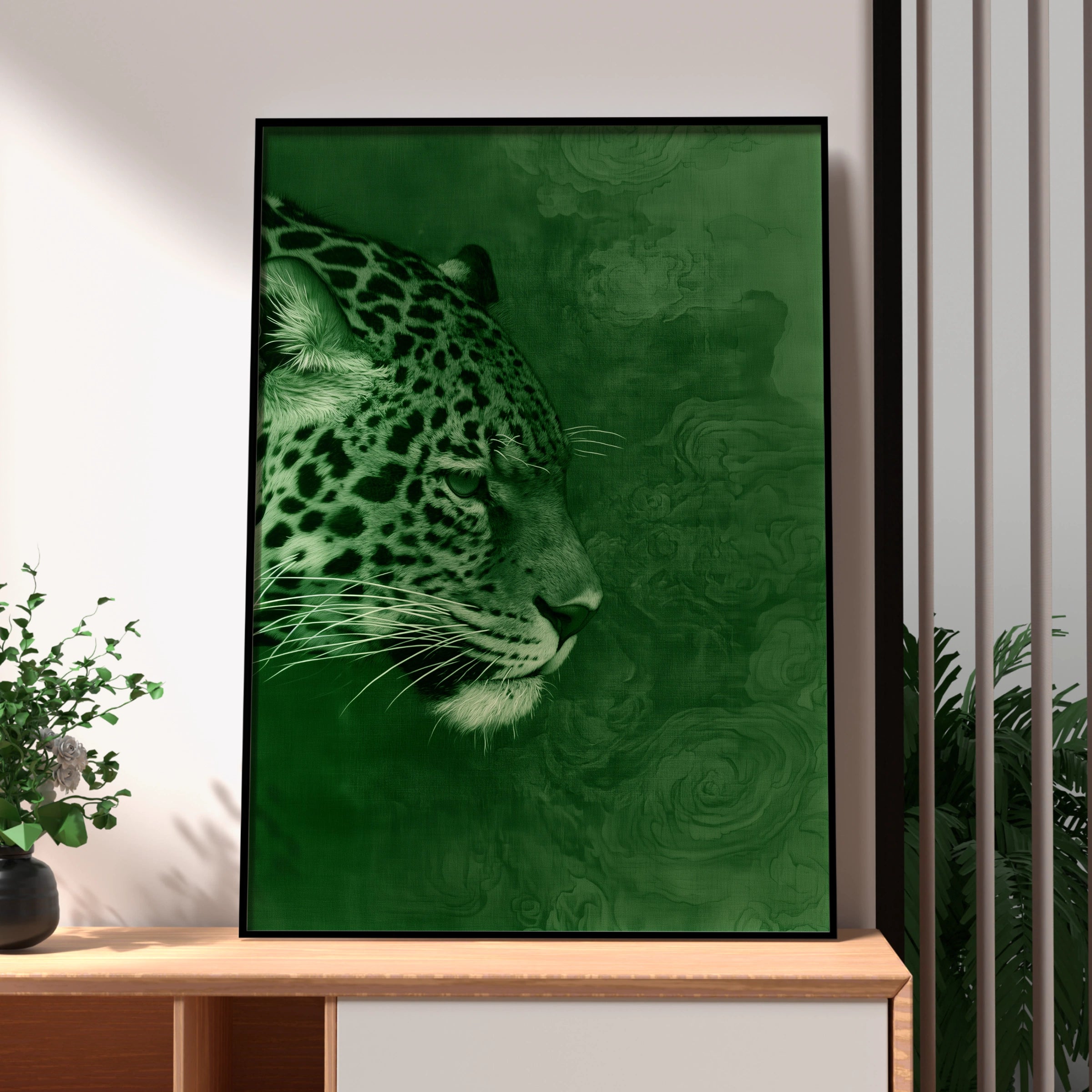 Jaguar Portrait Poster, Green Wild Cat Wall Art, Modern Animal Print