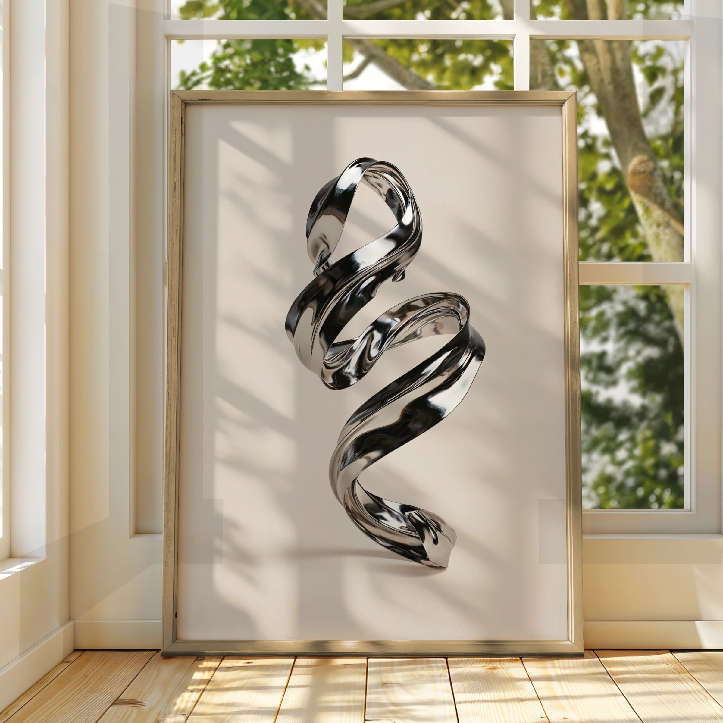 Chrome Spiral Abstract Poster, Metallic 3D Sculpture Art Print, Modern Minimal