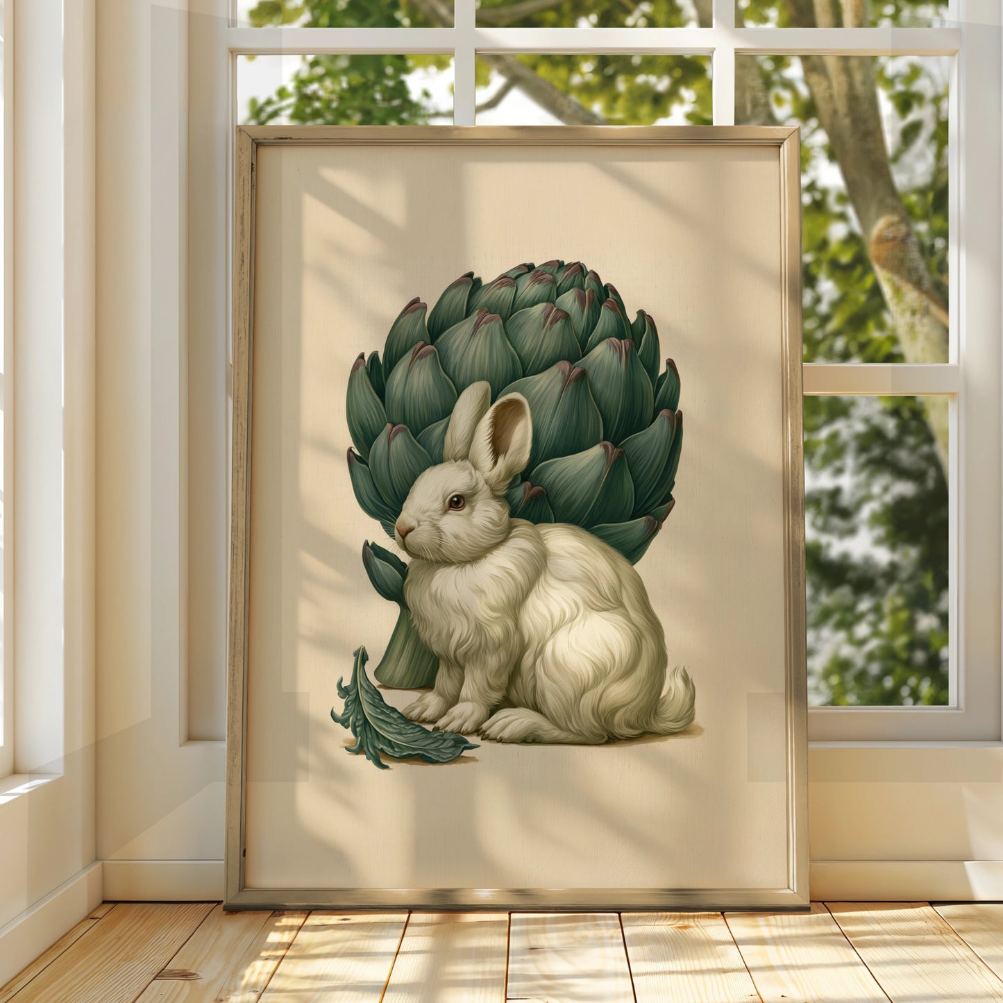 Rabbit & Artichoke Poster, Botanical Bunny Wall Art, Vintage Nature Print