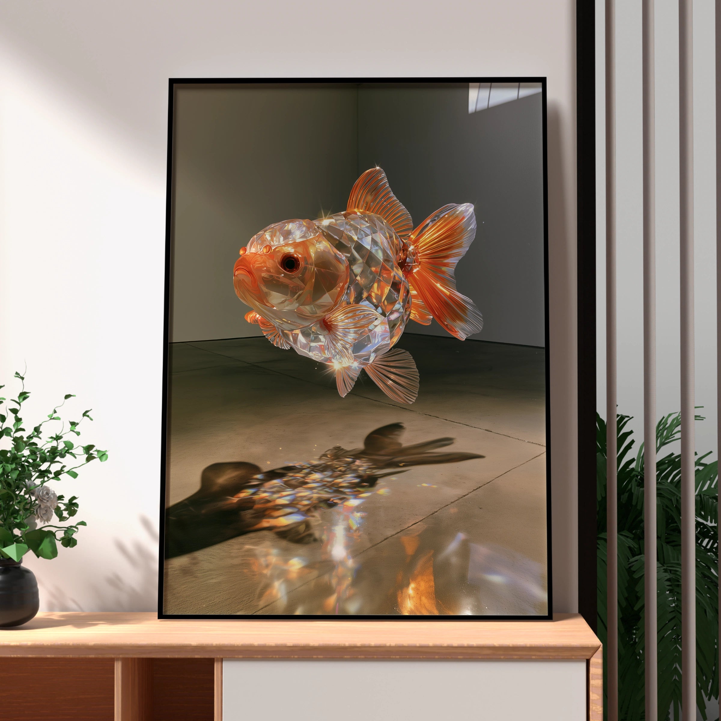 Crystal Goldfish Poster, Glass Sculpture Art Print, Orange Iridescent Wall Art