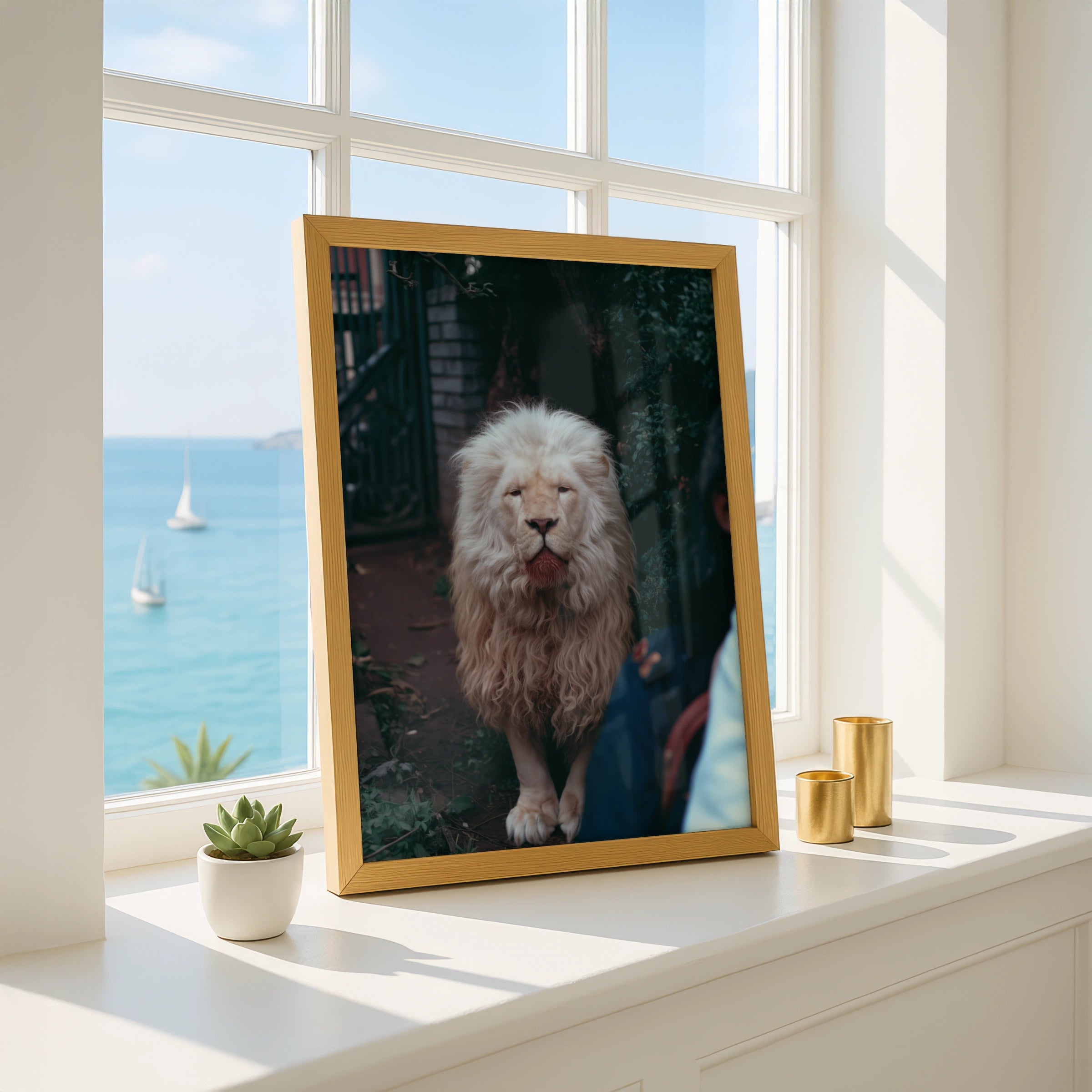 White Albino Lion Portrait Poster, Rare Big Cat Wall Art, Wildlife Print