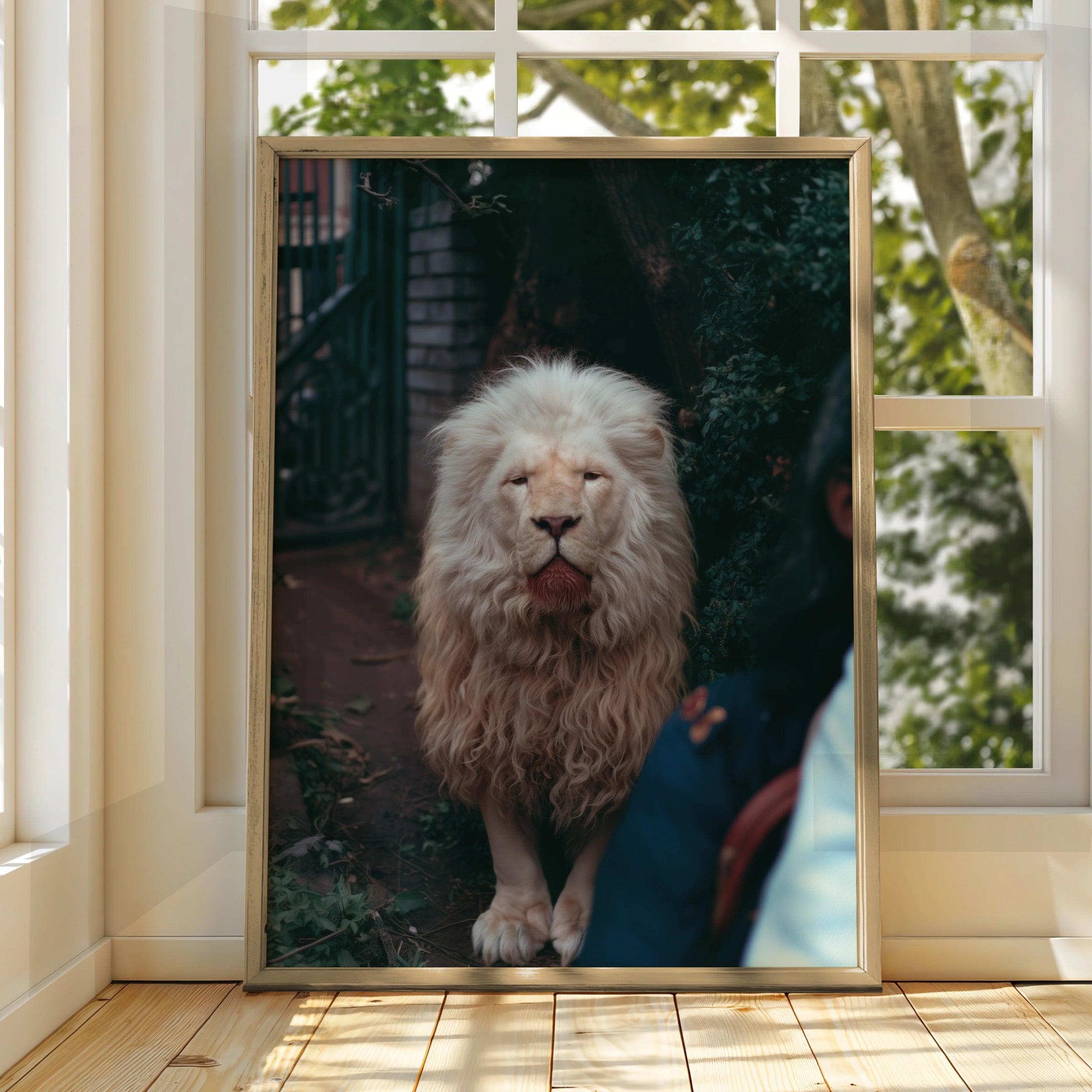White Albino Lion Portrait Poster, Rare Big Cat Wall Art, Wildlife Print