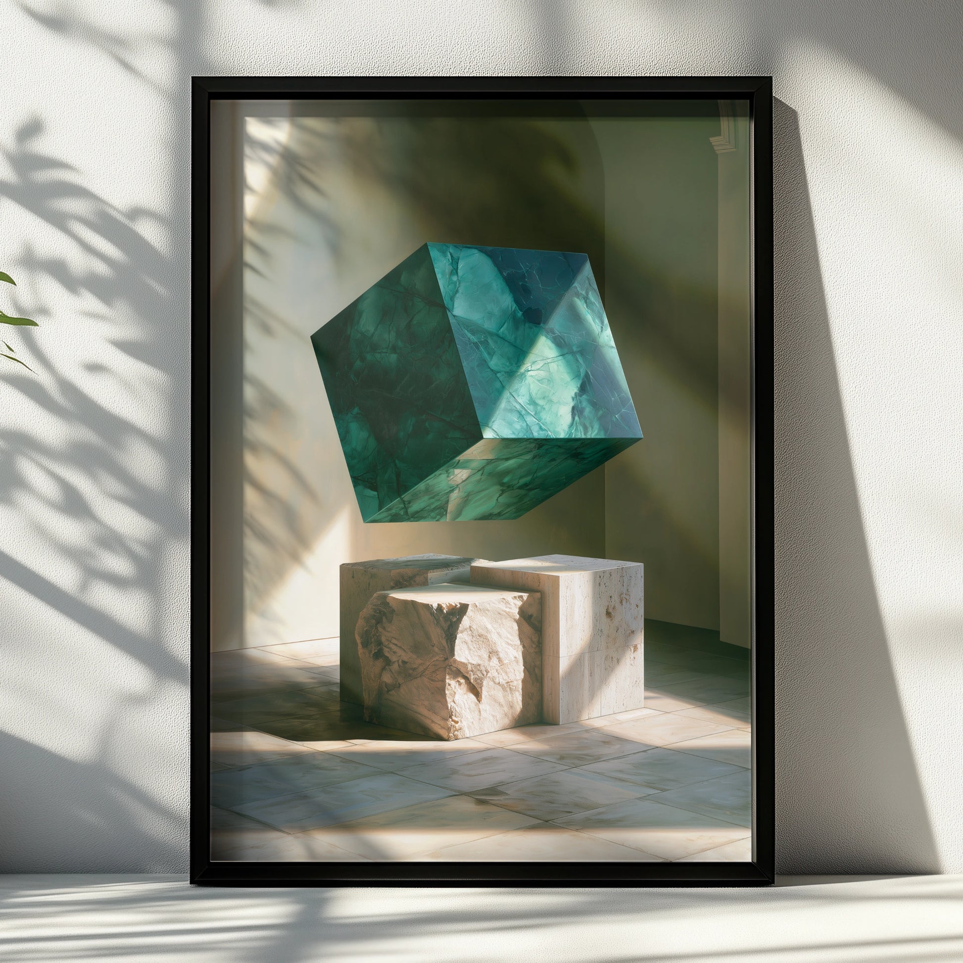 Emerald Marble Cube Sculpture Poster, Travertine Stone Art Print, Modern Minimalist