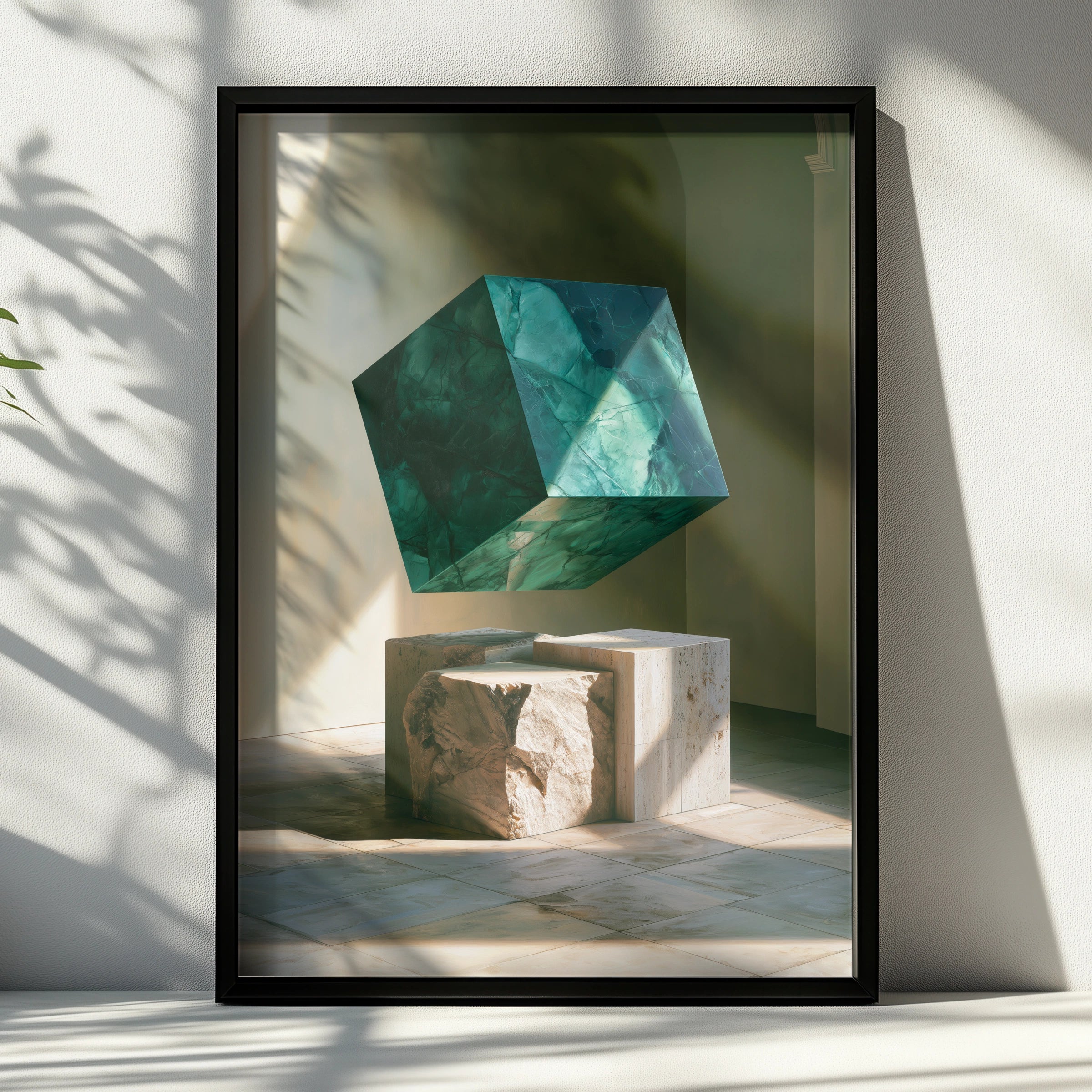 Emerald Marble Cube Sculpture Poster, Travertine Stone Art Print, Modern Minimalist
