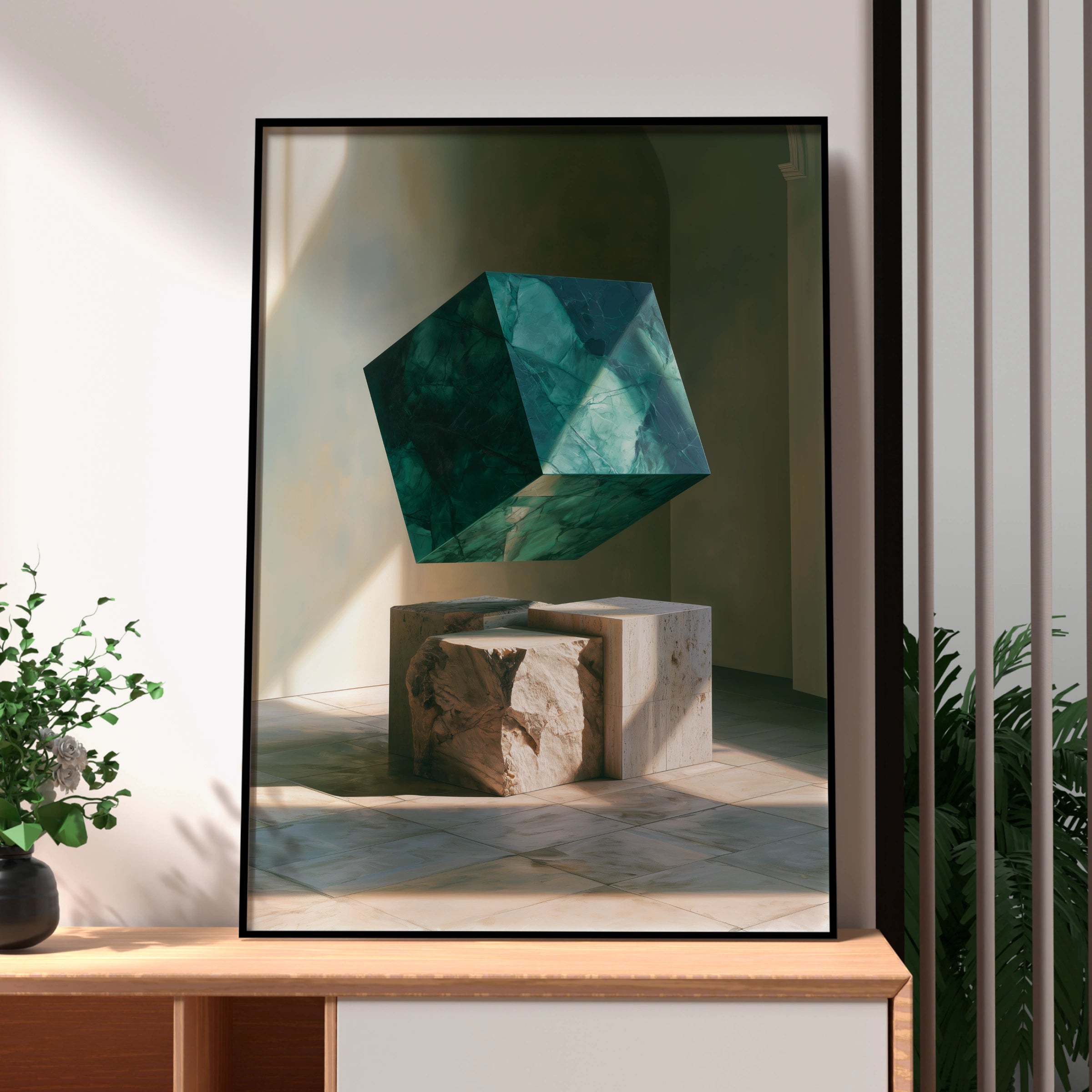 Emerald Marble Cube Sculpture Poster, Travertine Stone Art Print, Modern Minimalist