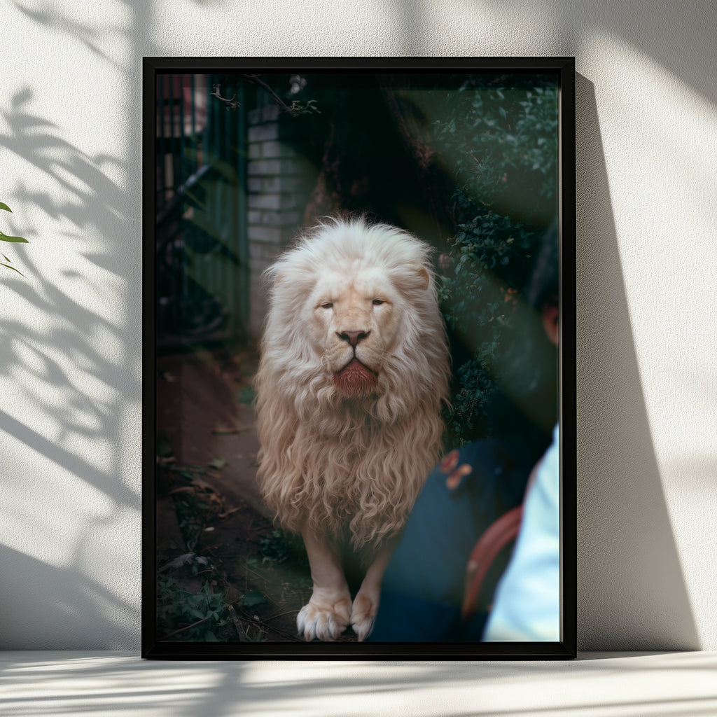 White Albino Lion Portrait Poster, Rare Big Cat Wall Art, Wildlife Print