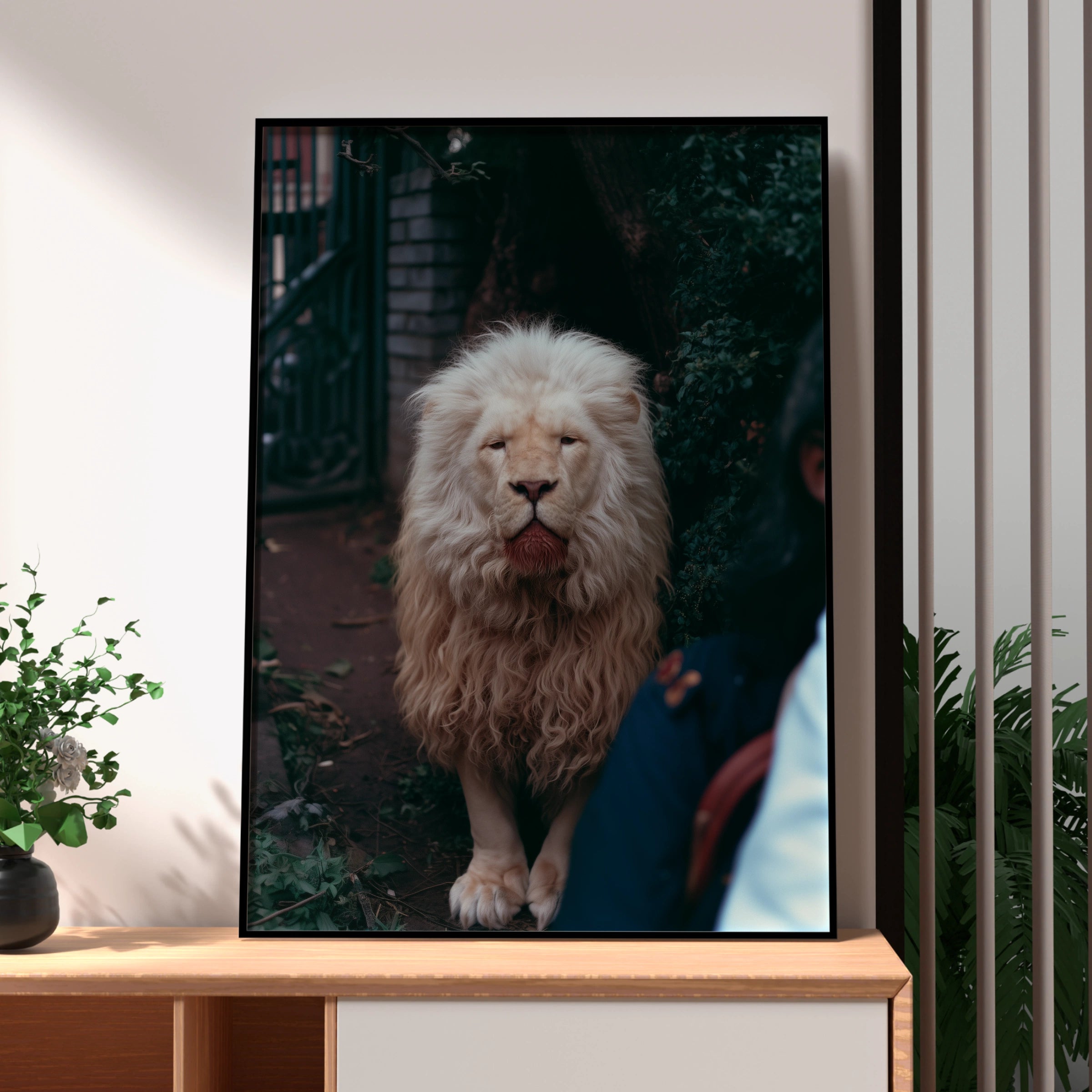 White Albino Lion Portrait Poster, Rare Big Cat Wall Art, Wildlife Print