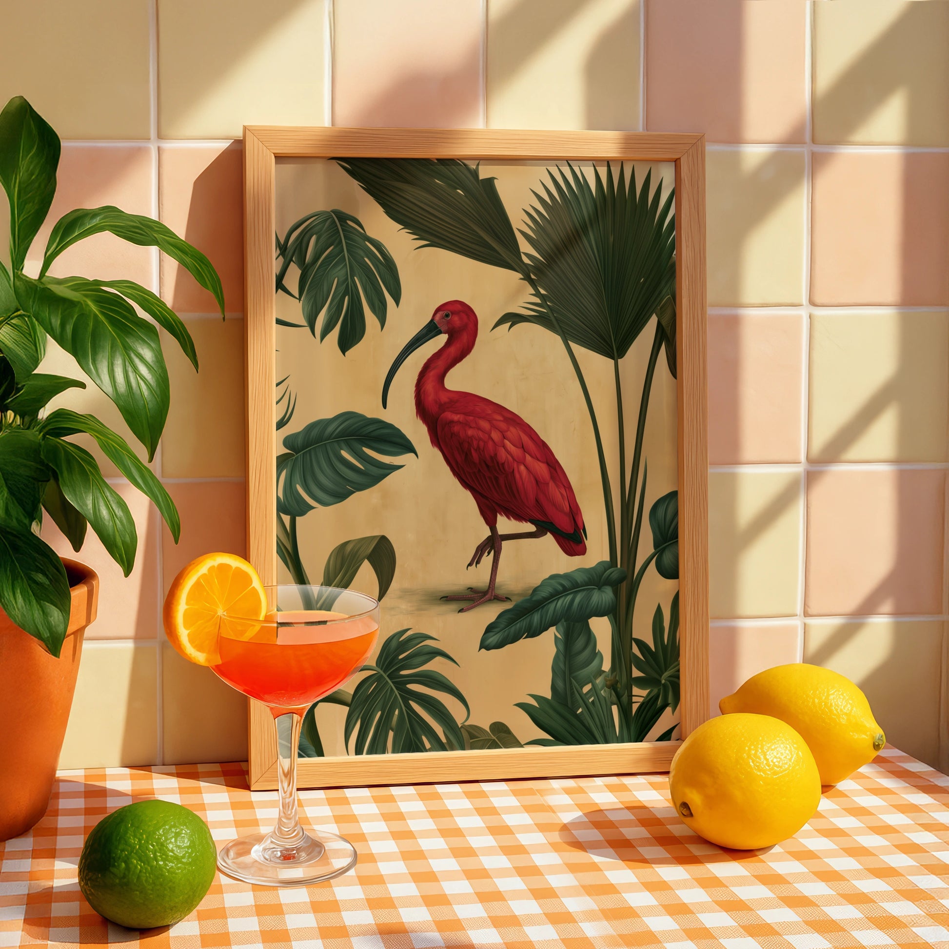 Scarlet Ibis Tropical Palm Poster, Botanical Bird Wall Art Print