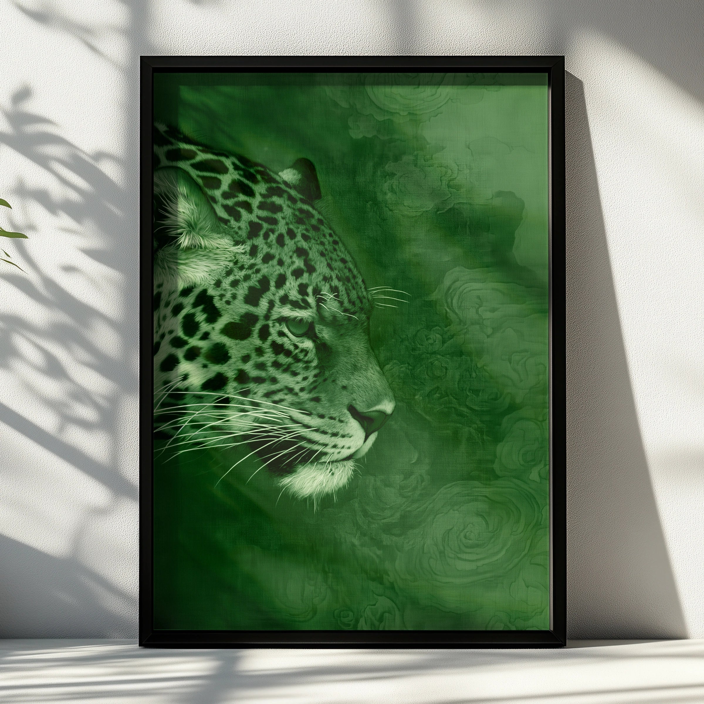 Jaguar Portrait Poster, Green Wild Cat Wall Art, Modern Animal Print