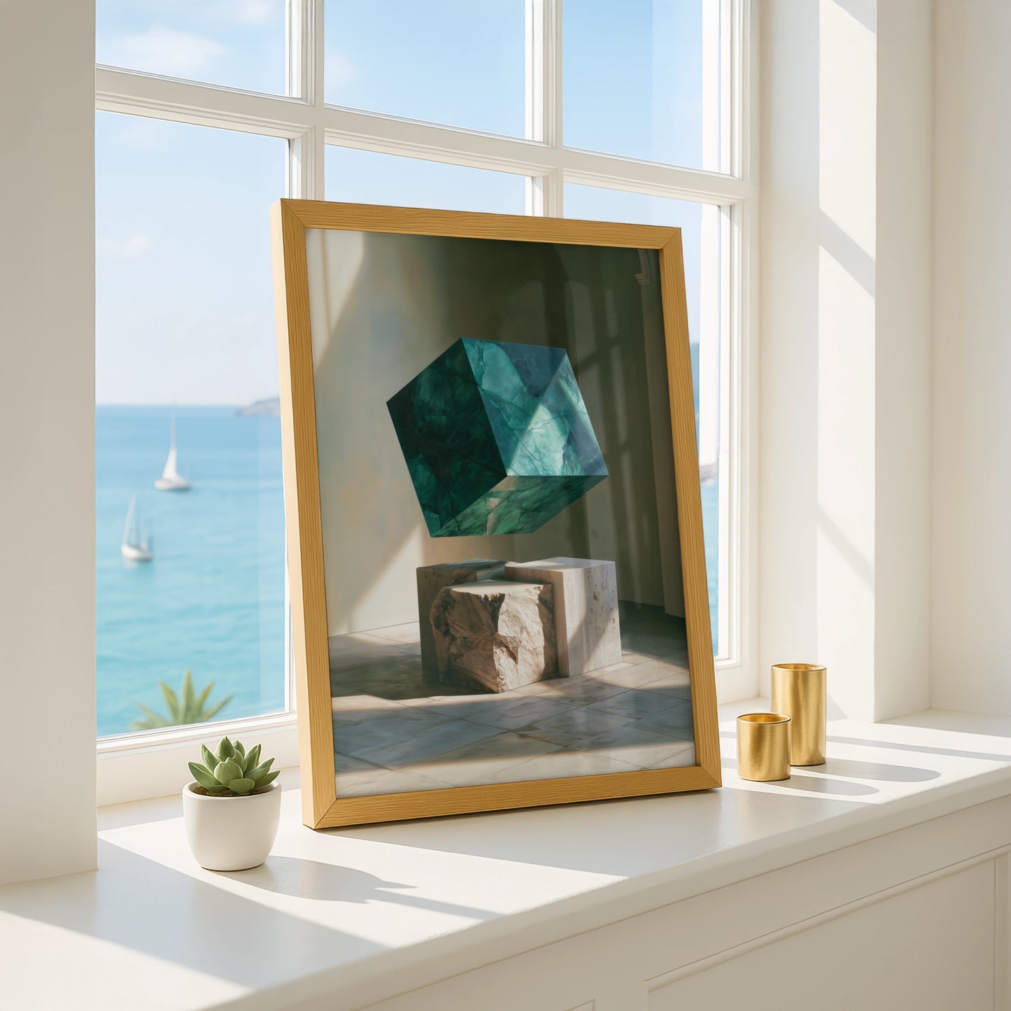 Emerald Marble Cube Sculpture Poster, Travertine Stone Art Print, Modern Minimalist