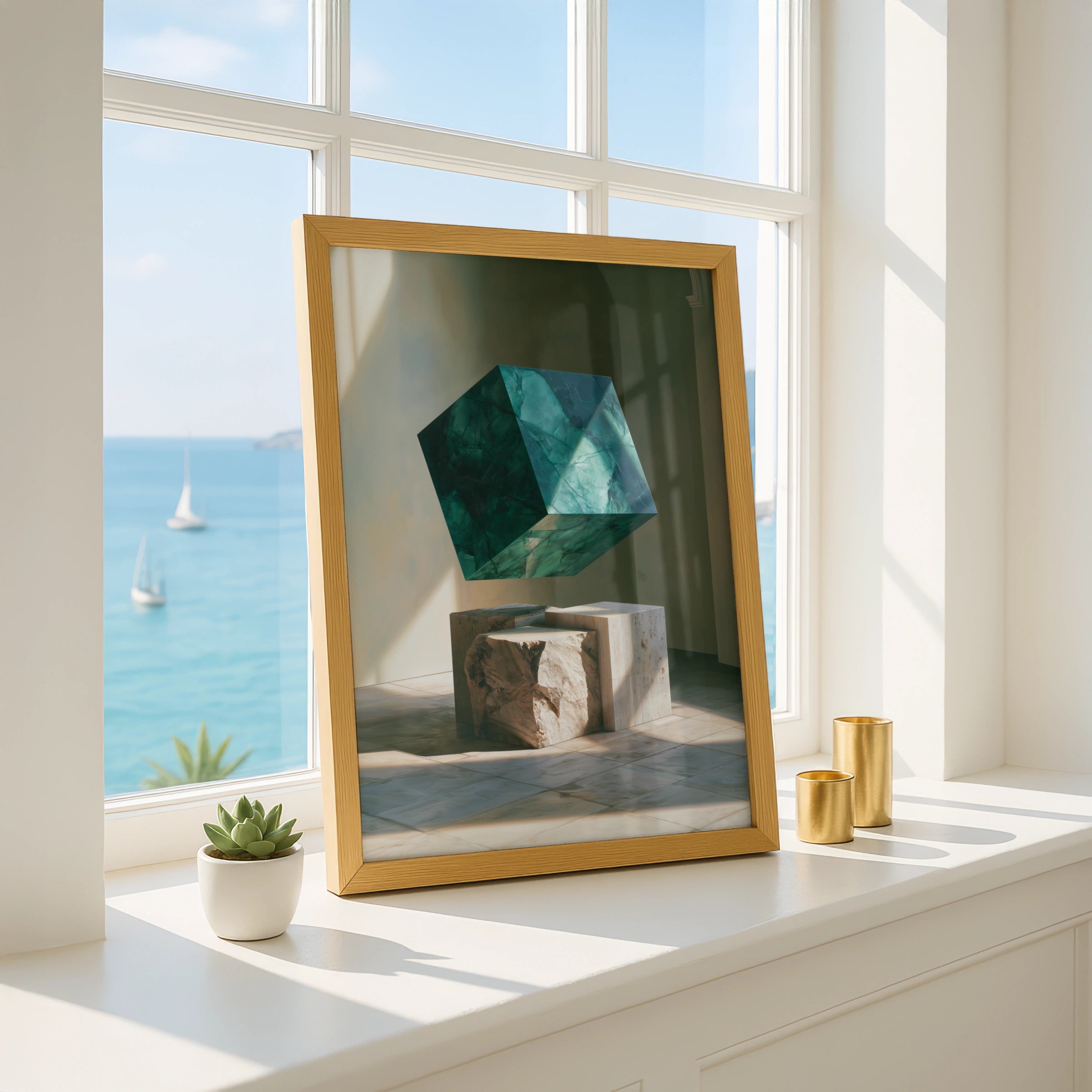 Emerald Marble Cube Sculpture Poster, Travertine Stone Art Print, Modern Minimalist